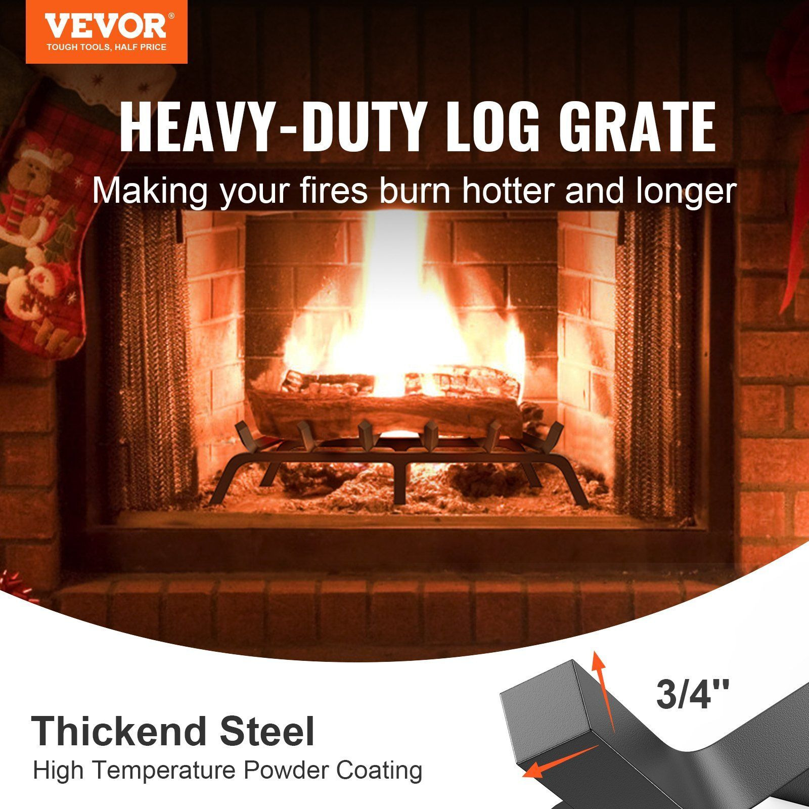 VEVOR Fireplace Log Grate, 27 inch Heavy Duty Fireplace Grate with 6 Support Legs, 3/4'' Solid Powder-coated Steel Bars, Log Firewood Burning Rack Holder for Indoor and Outdoor Fireplace