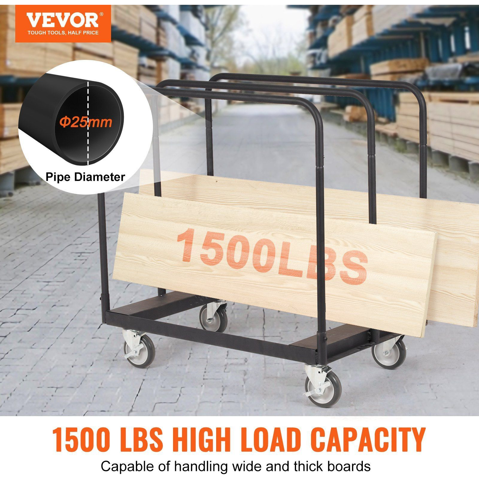 VEVOR Drywall Cart, 1500 LBS Panel Dolly Cart with 36.02" x 24.02" Deck and 5" Swivel Wheels, Heavy-Duty Drywall Sheet Cart, Handling Wall Panel, Sheetrock, Lumber, for Garage, Home, Warehouse