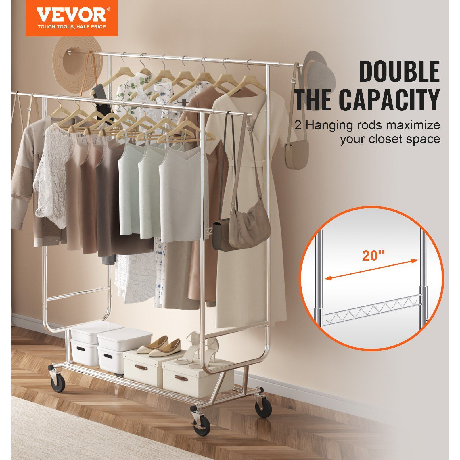 VEVOR Heavy Duty Clothes Rack, Double Hanging Rod Clothing Garment Rack for Hanging Clothes, Adjustable Height and Extendable Length Clothing Rack with Bottom Storage Area, 600 lbs Load Capacity