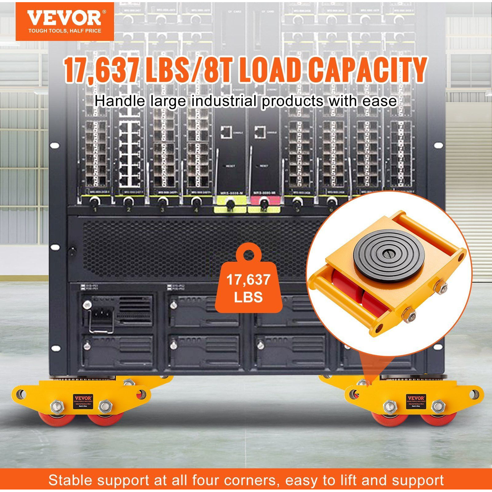 VEVOR 4PCS Machinery Skate Dolly, 17637 LBS/8T Industrial Machinery Mover, Heavy Duty Carbon Steel Machinery Moving Skate with 4 PU Wheels and 360 Rotation Non-Slip Cap for Warehouse, Workshop, Facto