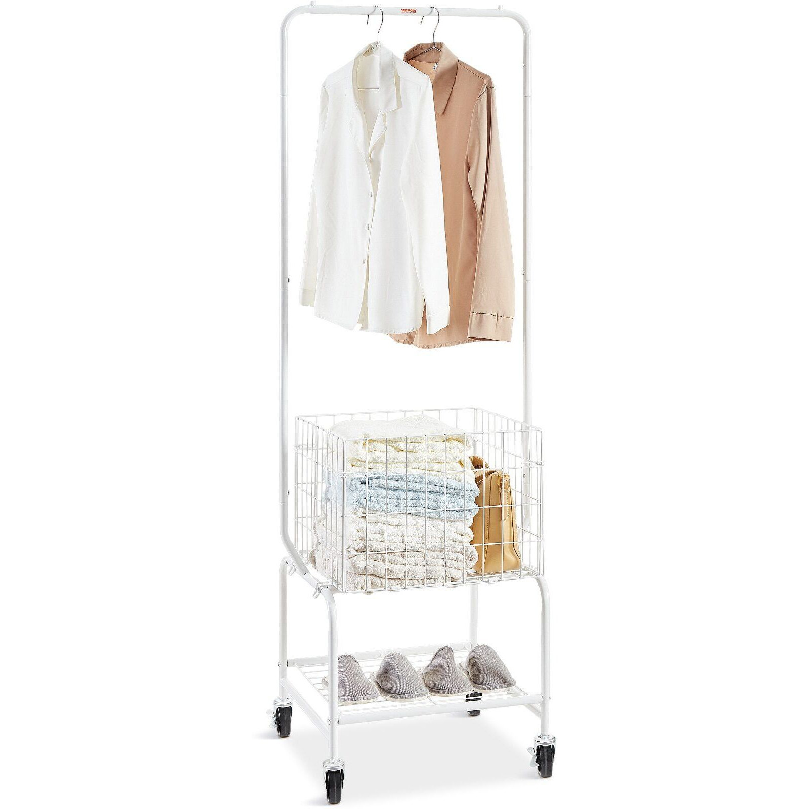 VEVOR Metal Rolling Laundry Basket with Hanging Garment Rack, Height Adjustment Laundry Hamper Cart with Basket Load and Shelf Load, Storage Organizer with Heavy Duty Lockable Wheels