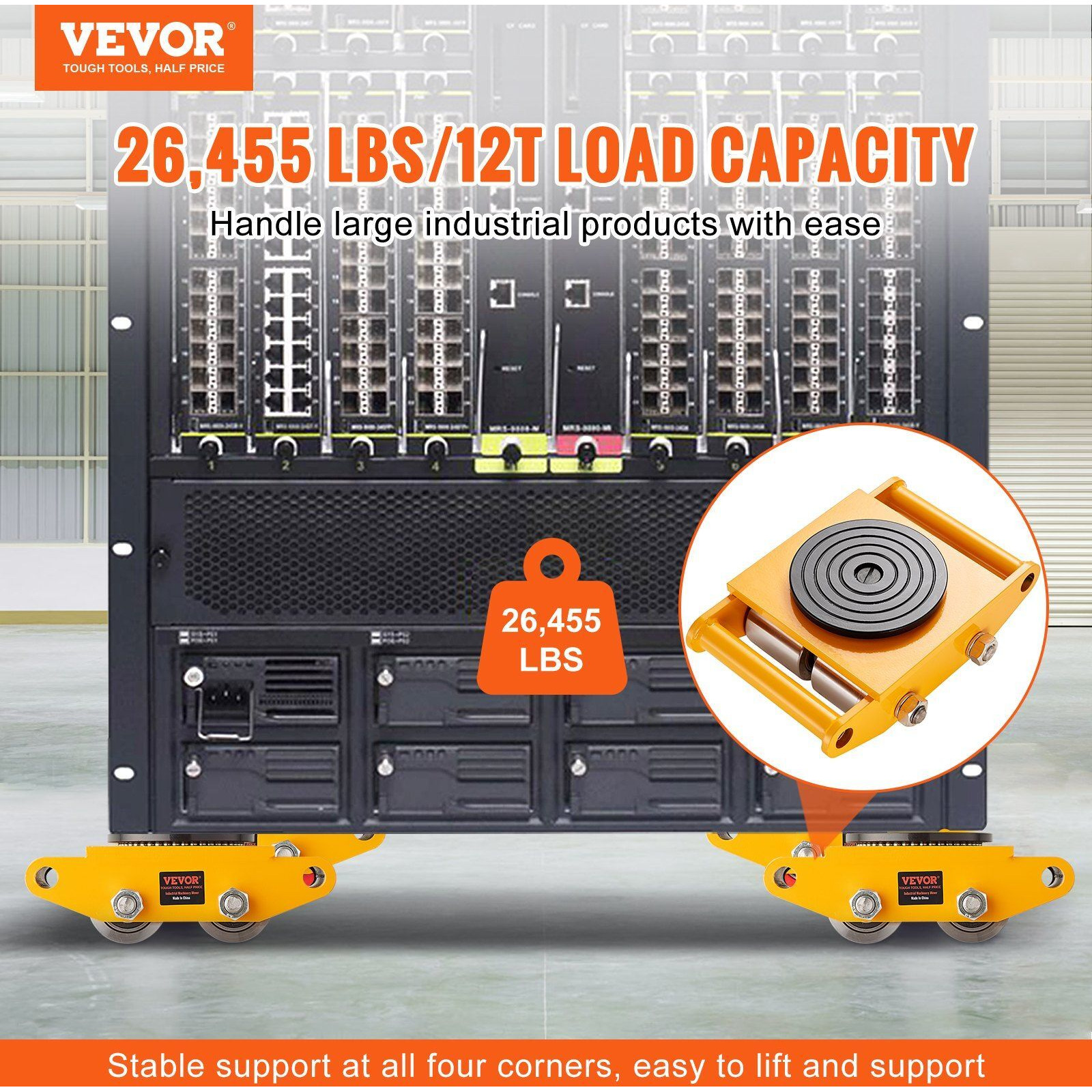 VEVOR 4PCS Machinery Skate Dolly, 26455LBS/12T Industrial Machinery Mover, Heavy Duty Carbon Steel Machinery Moving Skate & 4 Carbon Steel Wheels and 360 Rotation Non-slip Cap for Warehouse, Factory