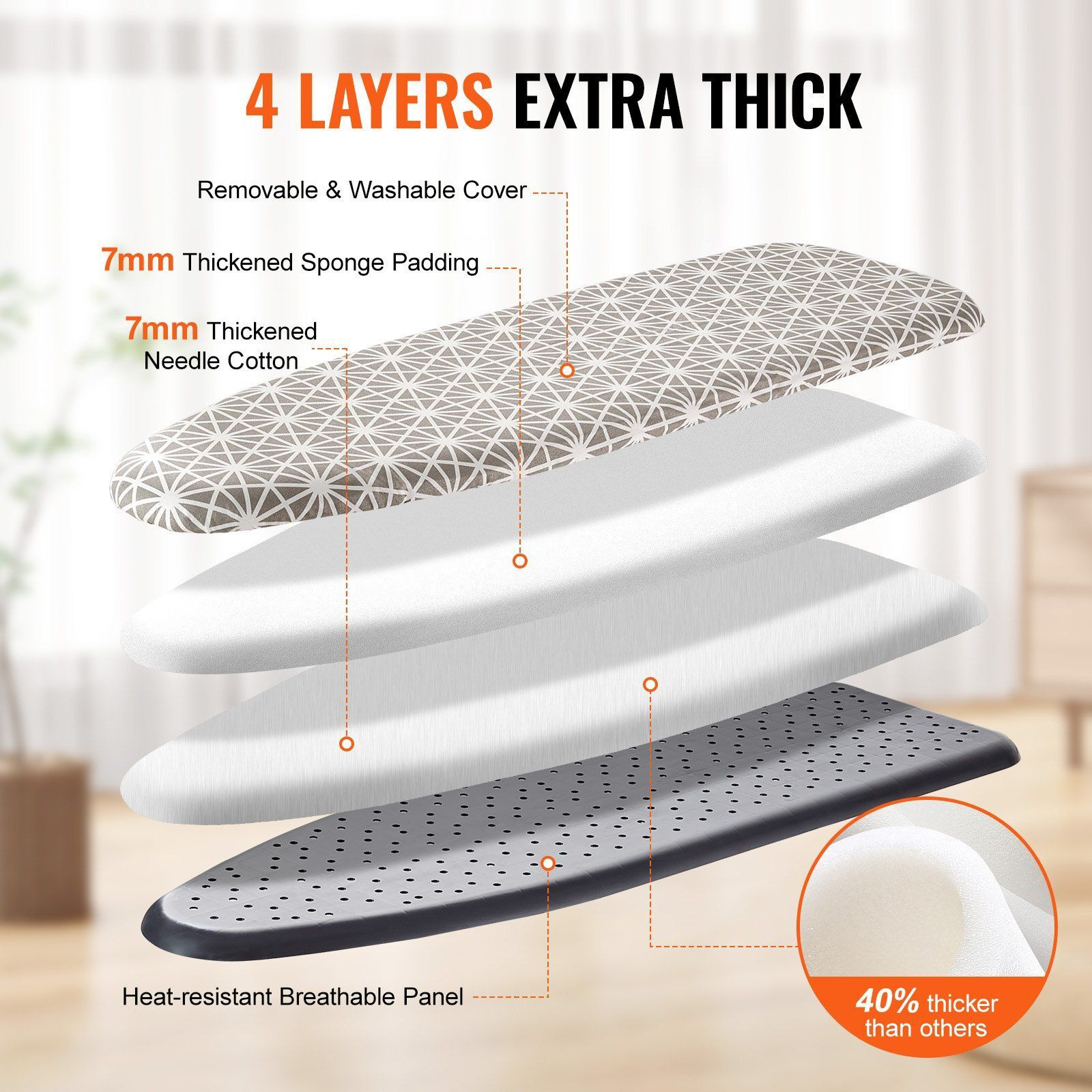 VEVOR Ironing Board with Large 51 x 13 Ironing Surface, Thickened 4 Layers Iron Board with Heat Resistant Cover and 100% Cotton Cover, 7 Adjustable Heights Ironing Board for Home Laundry Room Use