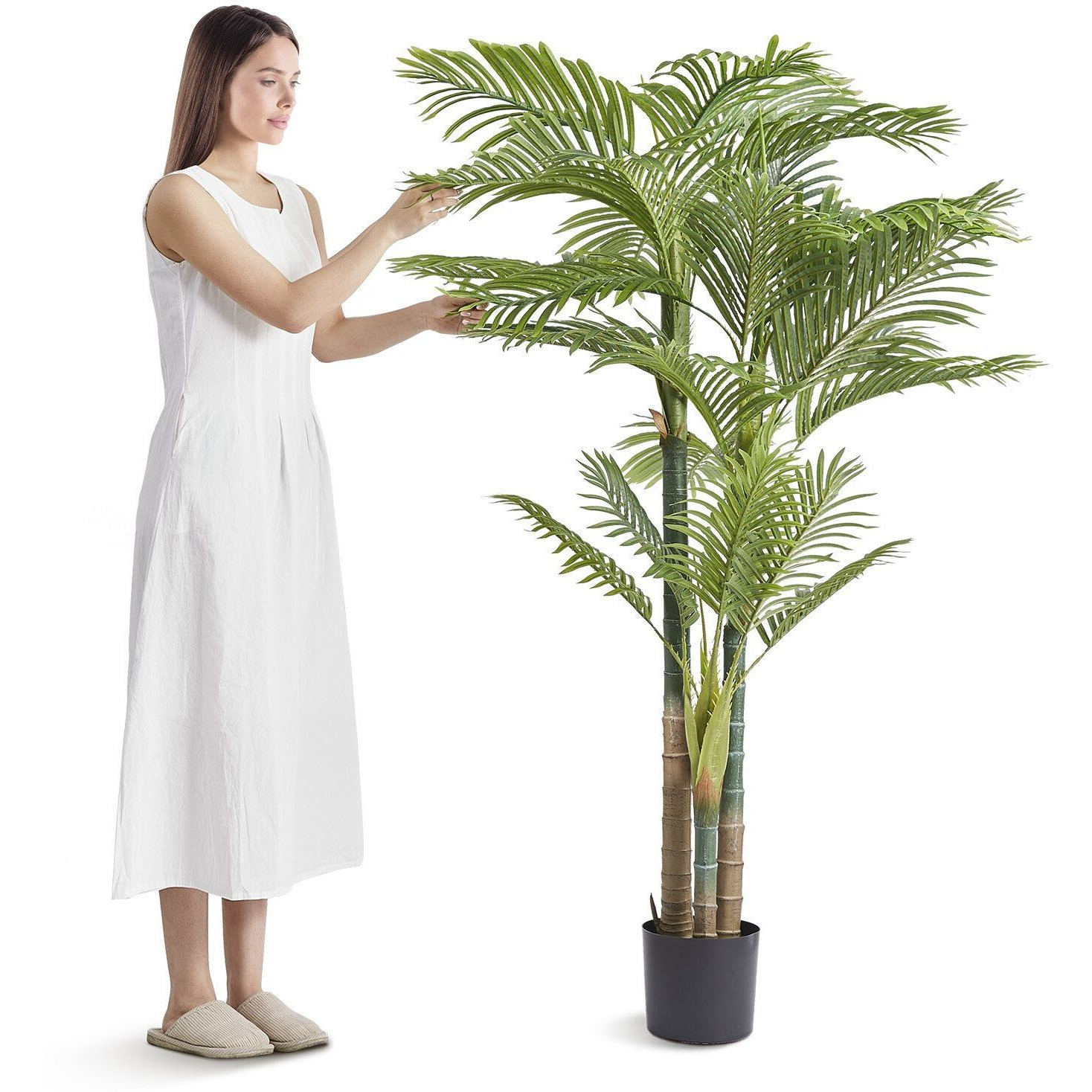 VEVOR Artificial Gold Cane Palm Tree, 6.5 FT Tall Faux Plant, PE Material & Anti-Tip Tilt Protection Low-Maintenance Plant, Lifelike Green Fake Tree for Home Office Warehouse Decor Indoor Outdoor