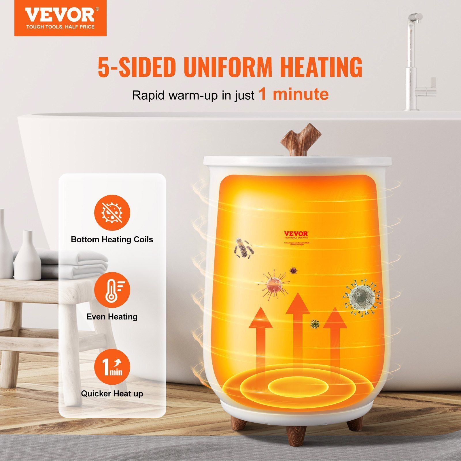 VEVOR Towel Warmer Bucket, 20L Large Towel Warmer for Bathroom, Auto Shut Off Towel Heater with 4-Level Timer Fits up to Two 40&quotx70" Oversized Towels, Bathrobes, Blankets, ETL & FCC Certified