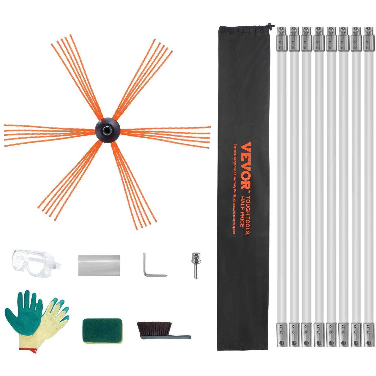 VEVOR 26 Feet Chimney Sweep Kit, w/ 8Reinforced Nylon Flexible Rods, Ergonomic Chimney Cleaning Brush, 360-Degree Brush Chimney Cleaner, Rich Accessories for Fireplace Flue Home Use Fits most Pipes