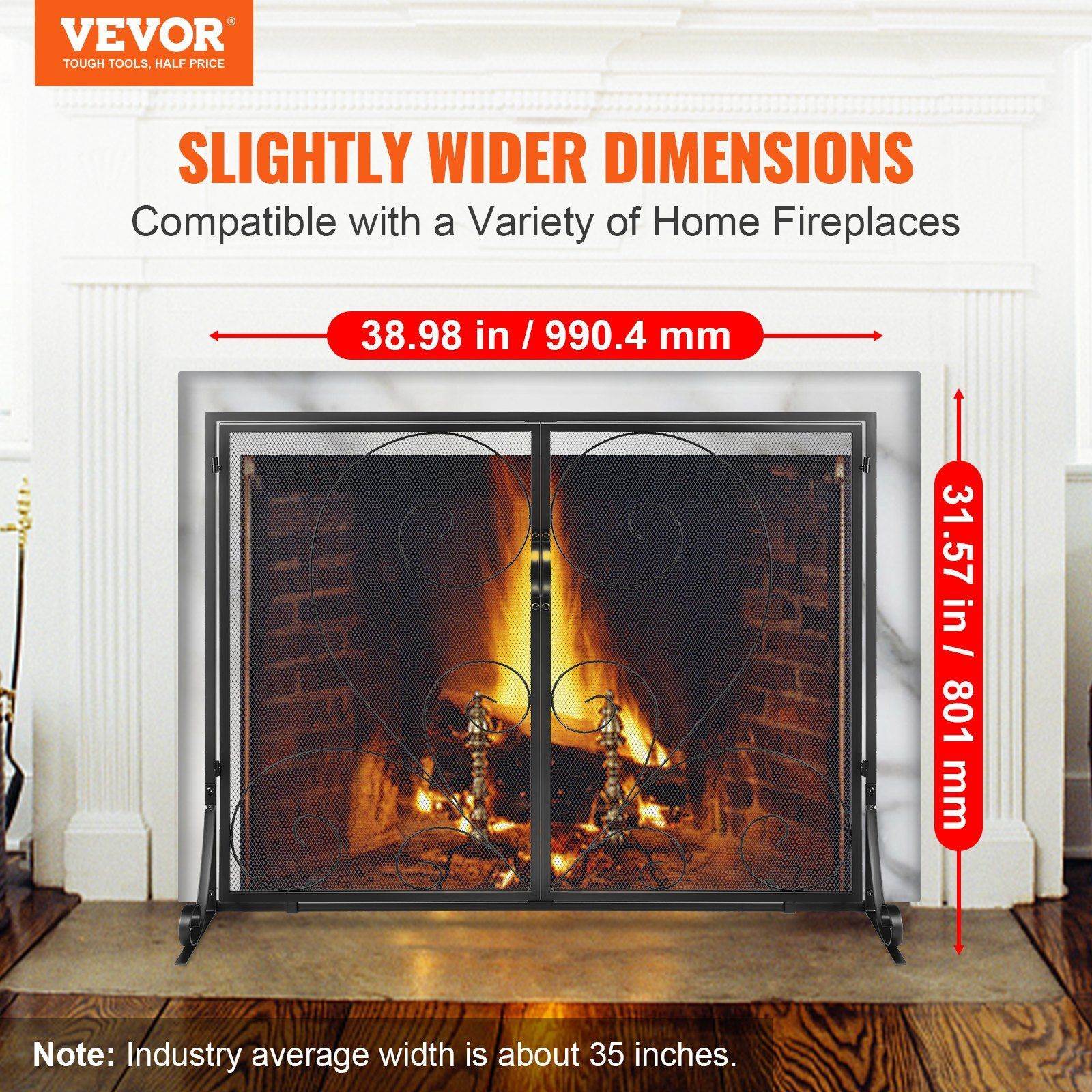 VEVOR Fireplace Screen 1 Panel with Door, Sturdy Iron Mesh Fireplace Screen, 39"(L) x31.6"(H) Spark Guard Cover, Simple Installation, Free Standing Fire Fence Grate for Living Room Home Decor Vintage
