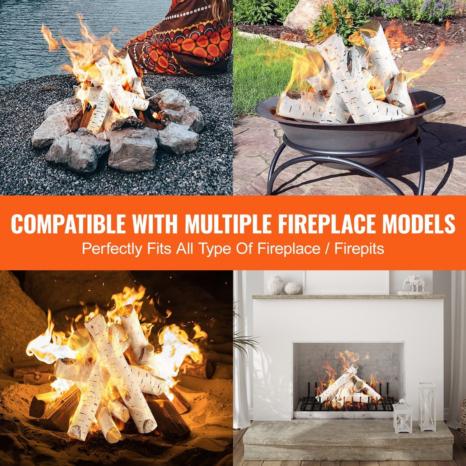 VEVOR 6 Pcs Large Withe Birch Logs, Gas Fireplace Ceramic Logs for Fire place, Heat-Resistant Wood Log Gas Realistic Logs, Stackable Wood Branches for Gas Fireplace, Firebowl Indoor or Outdoor