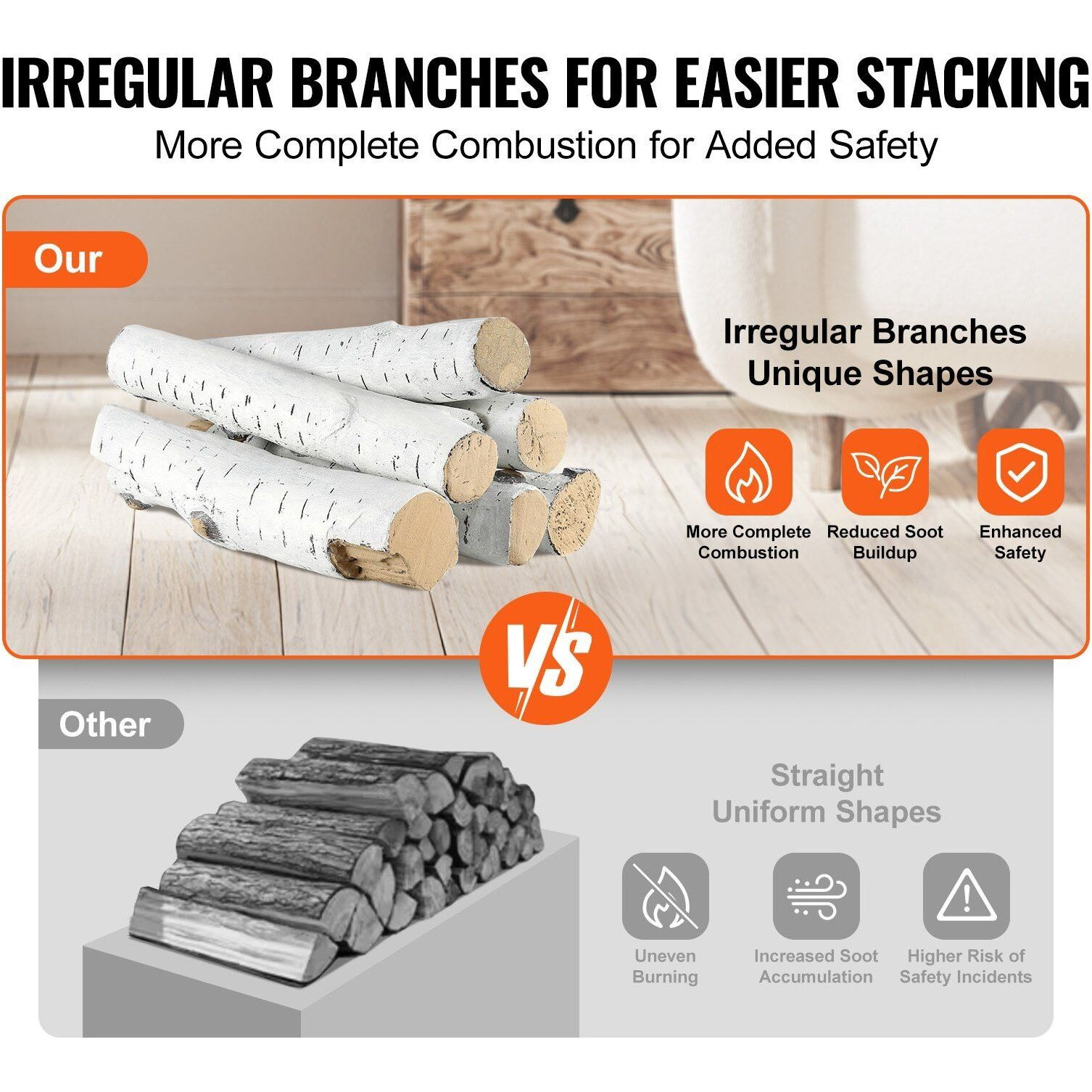 VEVOR 6 Pcs Large Withe Birch Logs, Gas Fireplace Ceramic Logs for Fire place, Heat-Resistant Wood Log Gas Realistic Logs, Stackable Wood Branches for Gas Fireplace, Firebowl Indoor or Outdoor