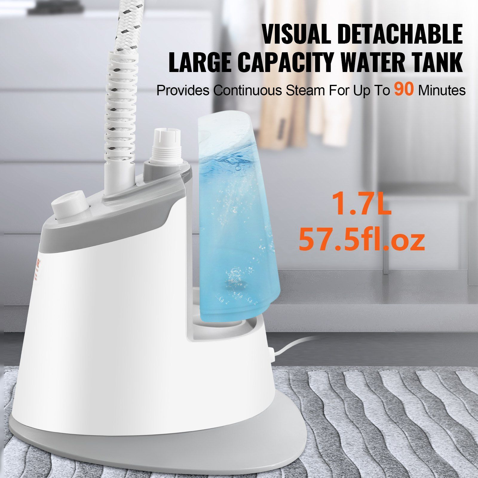 VEVOR Standing Steamer with Foldable Garment Hanger, 0.5Gallon Water Tank for 90 Minutes Continuous Steaming, Heats in 45 Seconds & Auto-Stop with Fabric Brush Aluminum Rod and Easy-roll Wheels