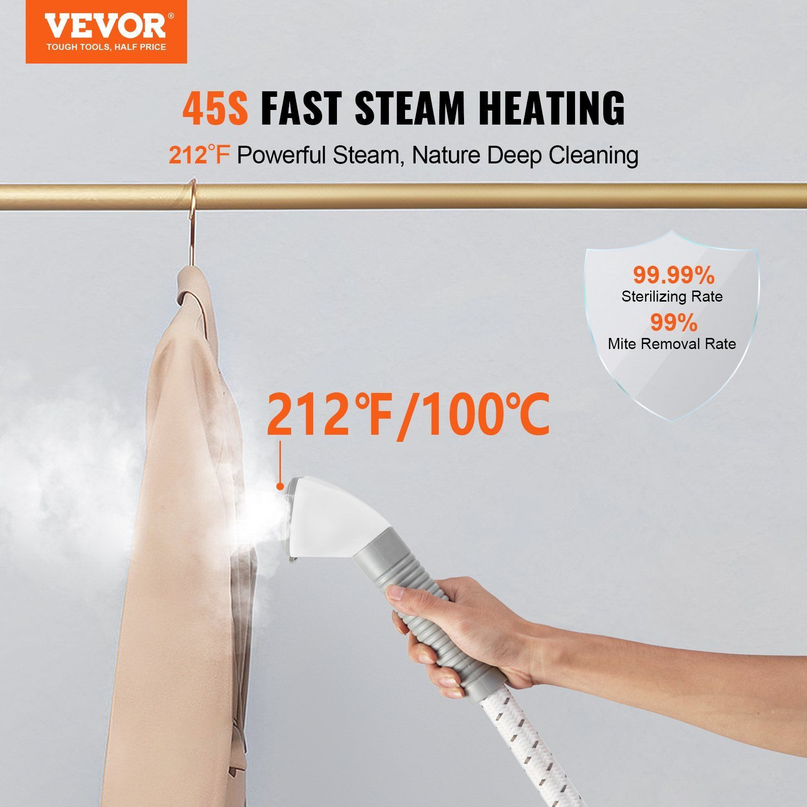 VEVOR Standing Steamer with Foldable Garment Hanger, 0.5Gallon Water Tank for 90 Minutes Continuous Steaming, Heats in 45 Seconds & Auto-Stop with Fabric Brush Aluminum Rod and Easy-roll Wheels