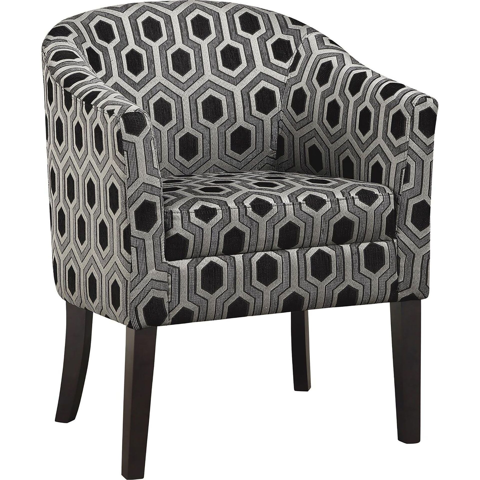 Grey and Black Hexagon Print Barrel Back Accent Chair