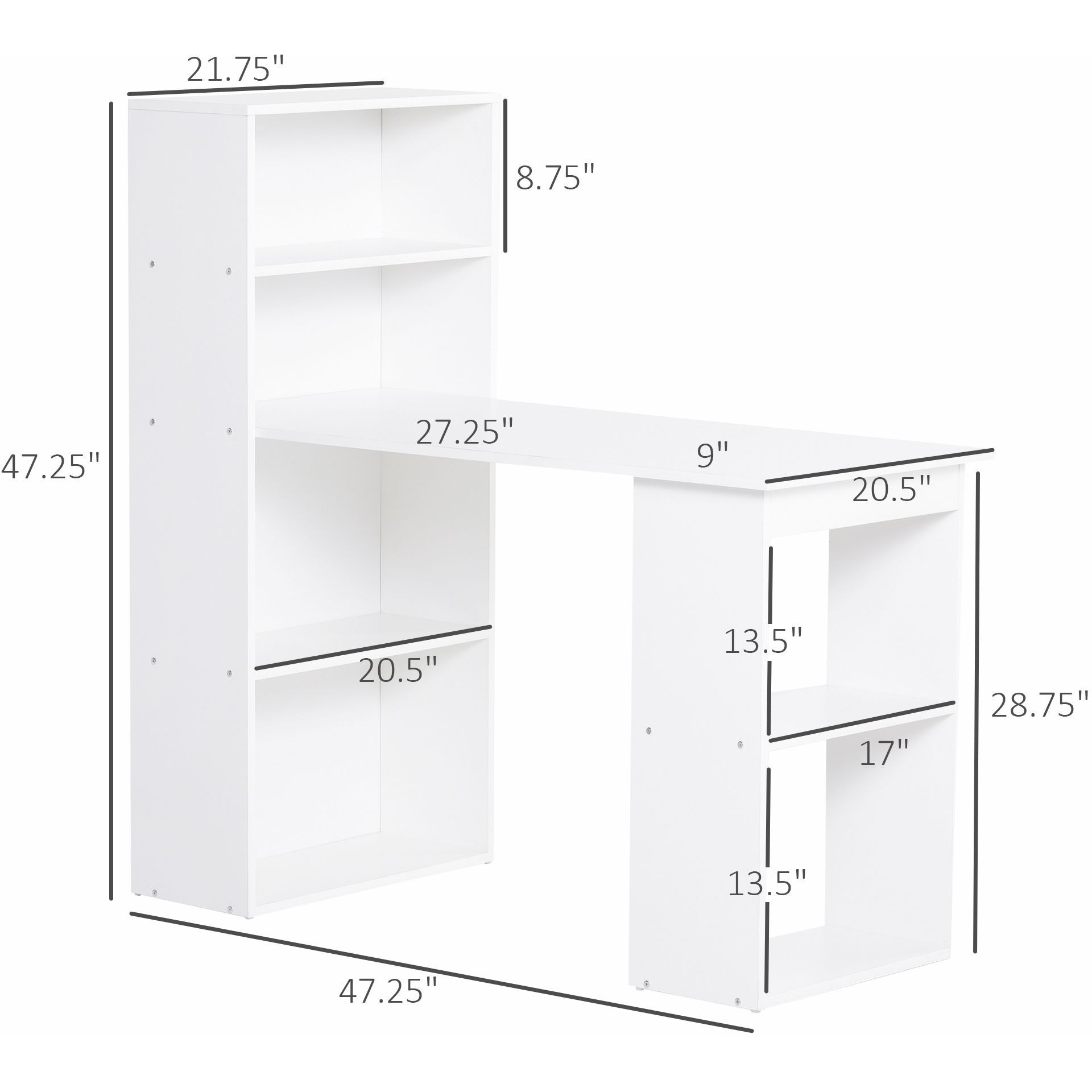 HOMCOM Modern Home Office Desk with 6-Tier Storage Shelves, 47" Writing Table with Bookshelf, White