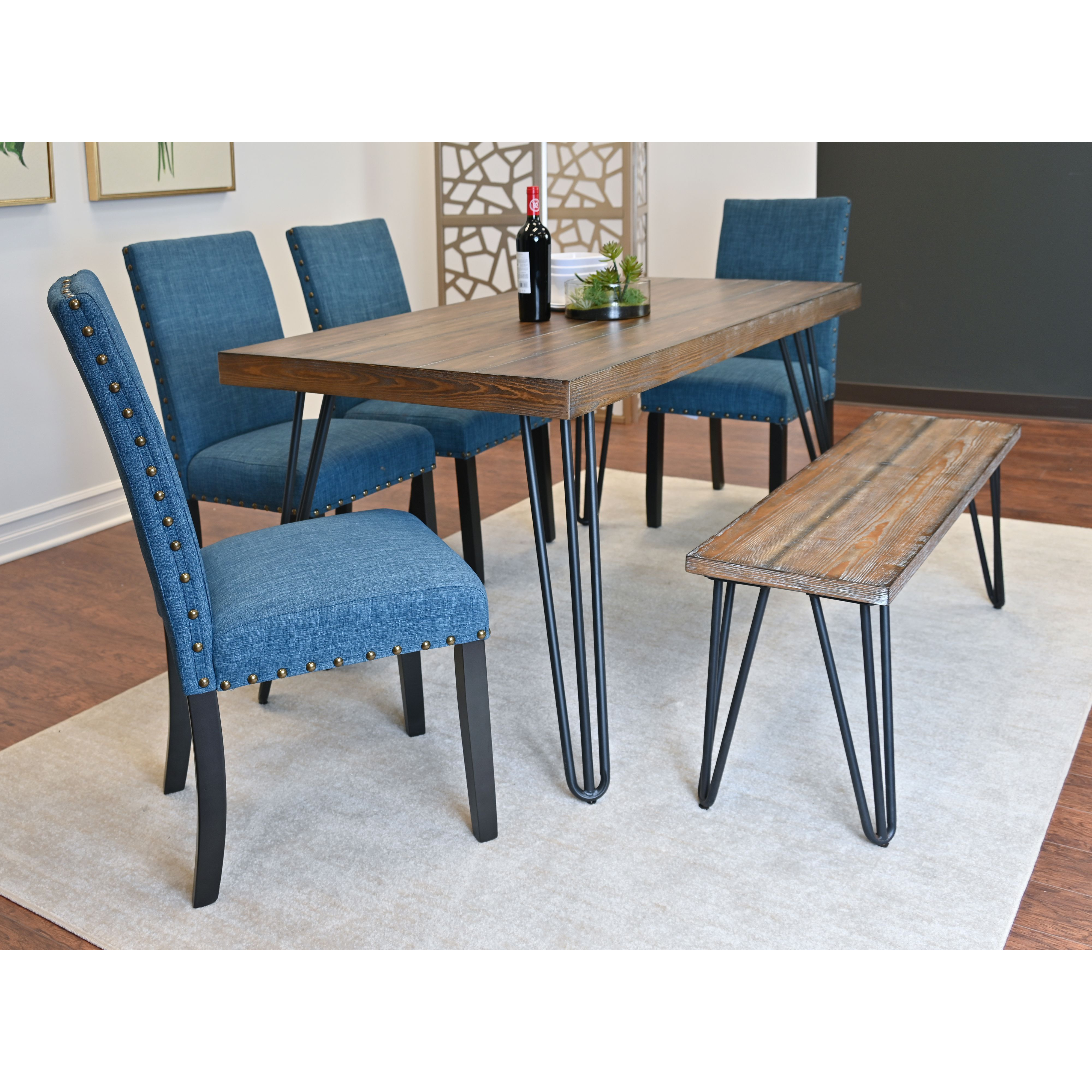 Amisos 6-Piece Dining Set, Hairpin Dining Table with 4 Chairs and a Wood Bench, 3 Color Options