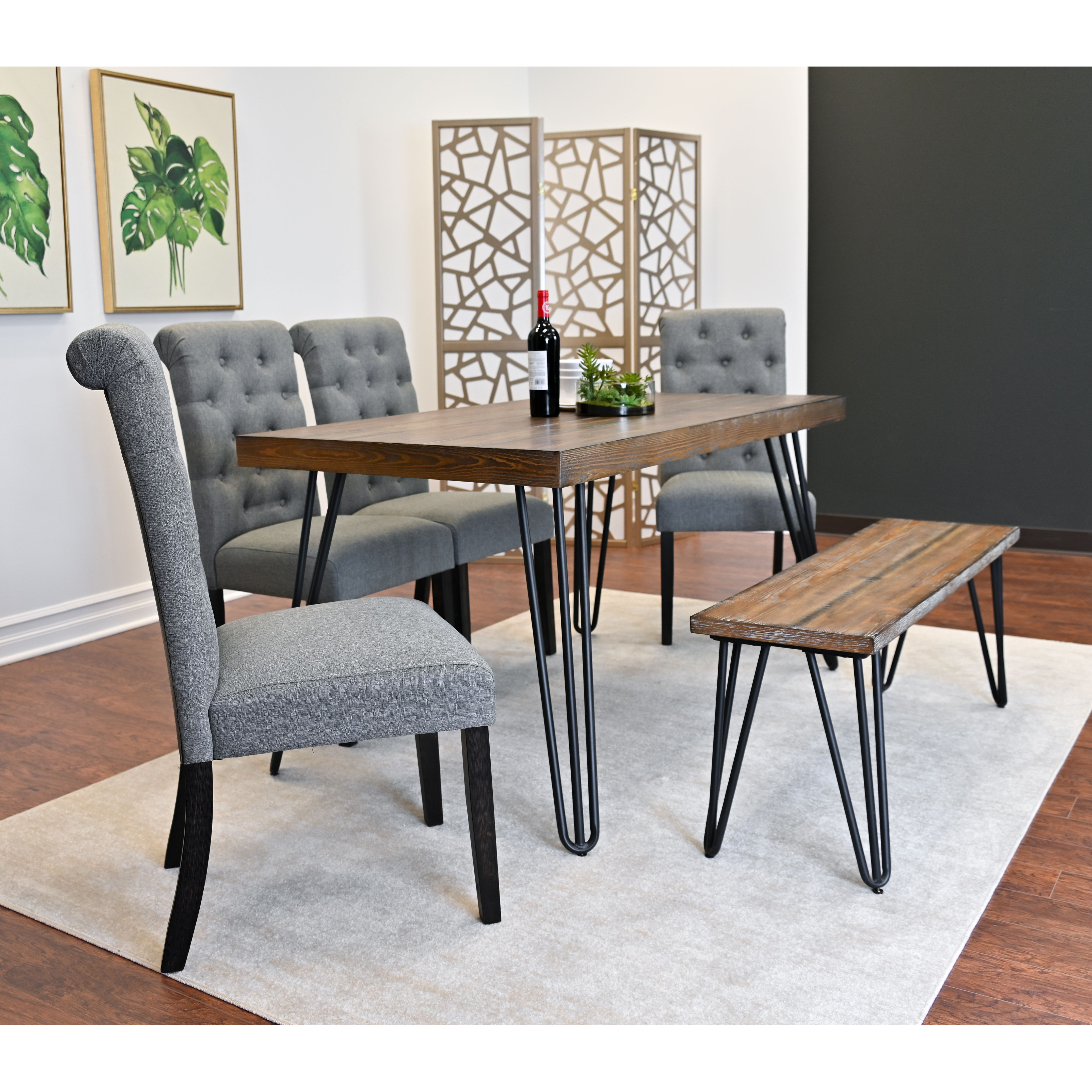 Ashford 6-Piece Dining Set, Hairpin Dining Table with 4 Chairs and Bench, 4 Color Options