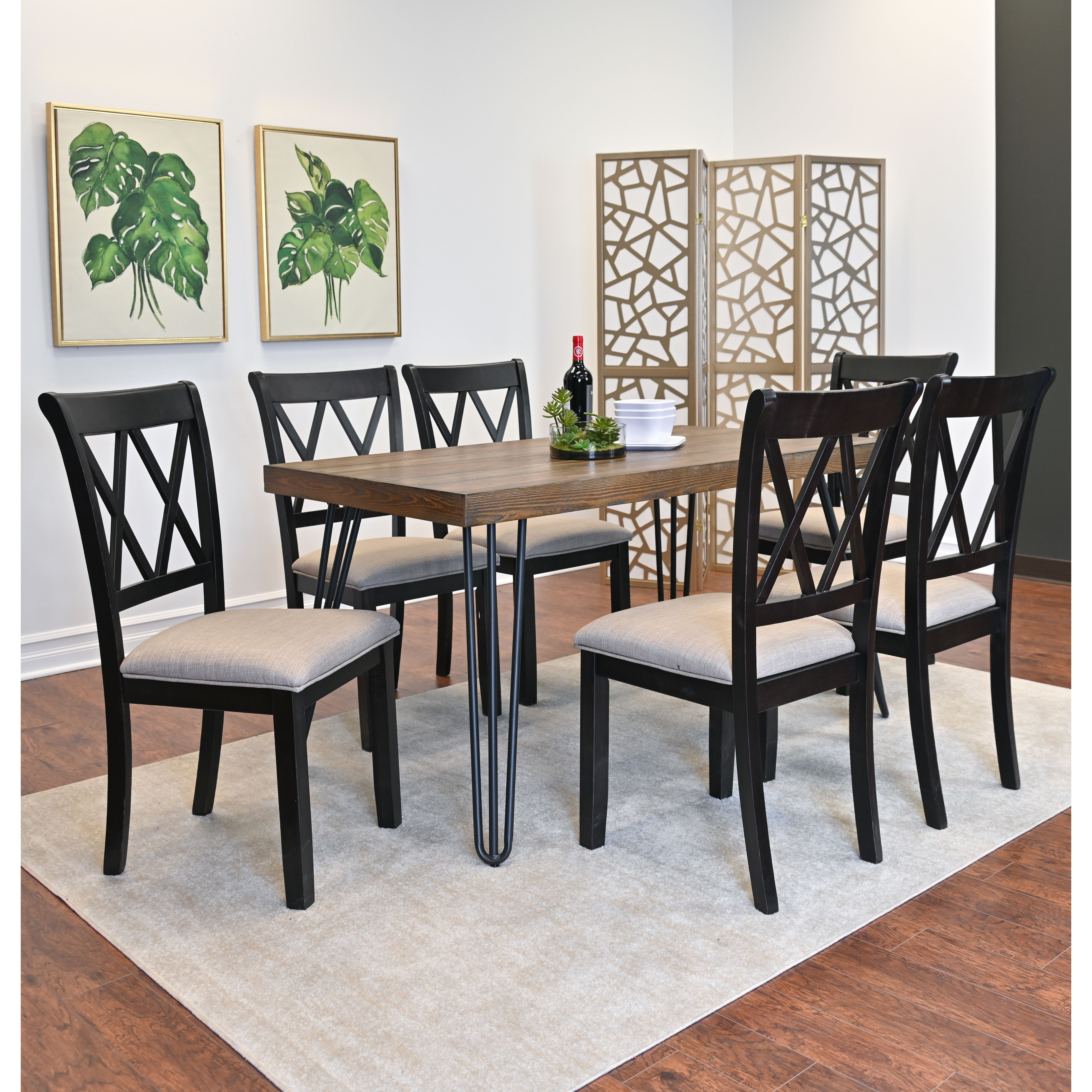 Arroyo 7-Piece Dining Set, Hairpin Dining Table with 6 Cross-back Chairs, Rich Black