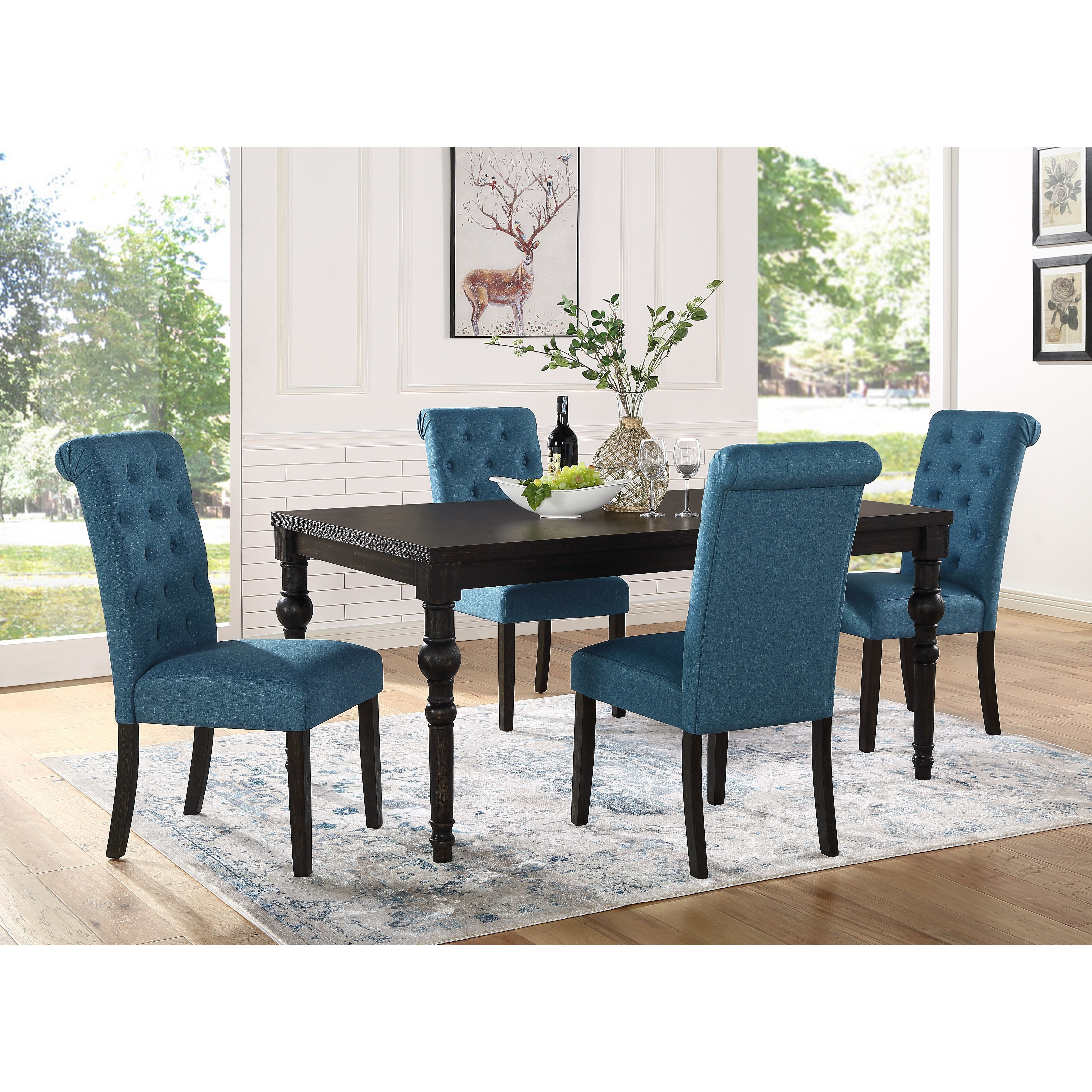 Leviton Urban Style Wood Dark Wash Turned-Leg Dining Set Table and 4 Chairs, Blue
