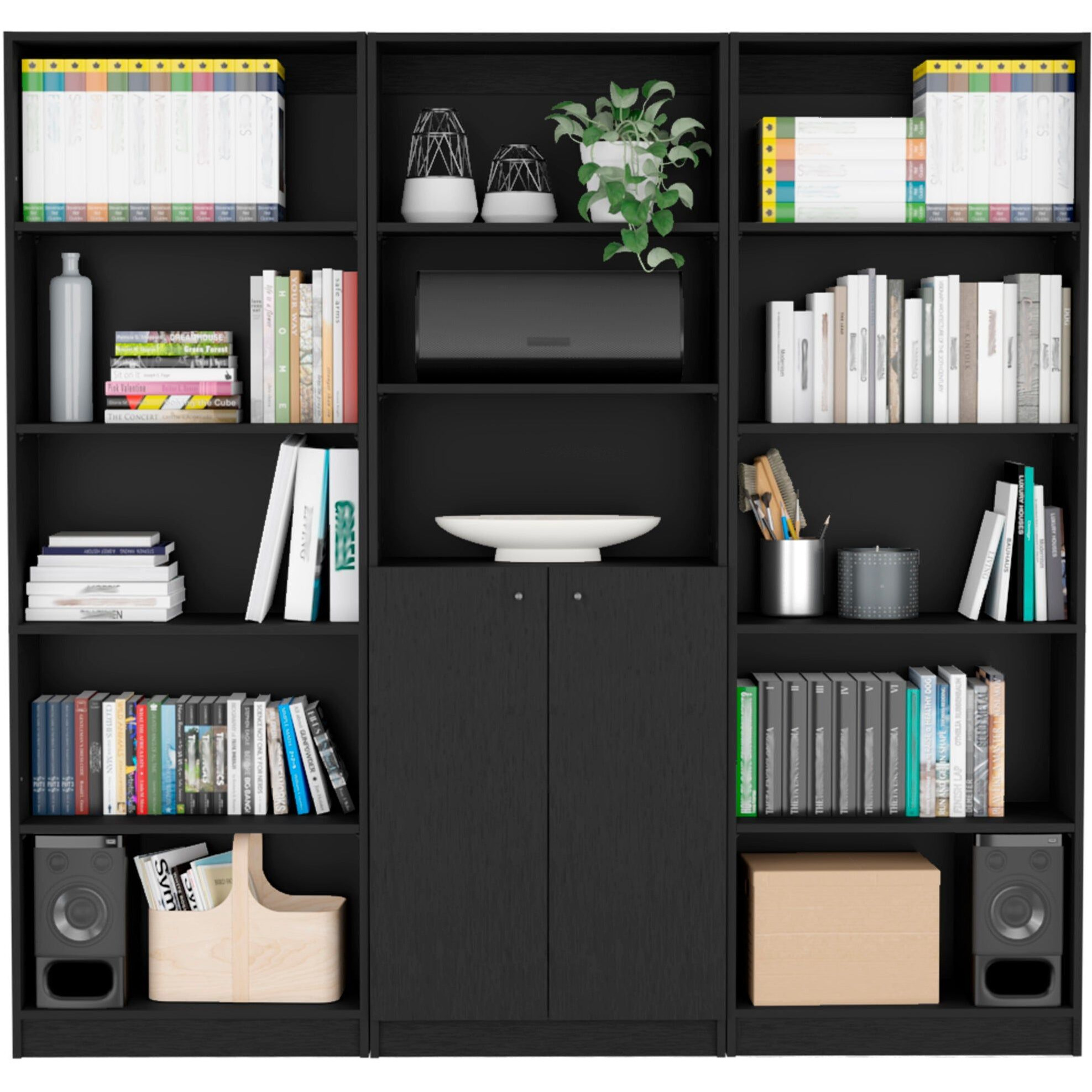 Black 3 Piece Living Room Set with 3 Bookcases
