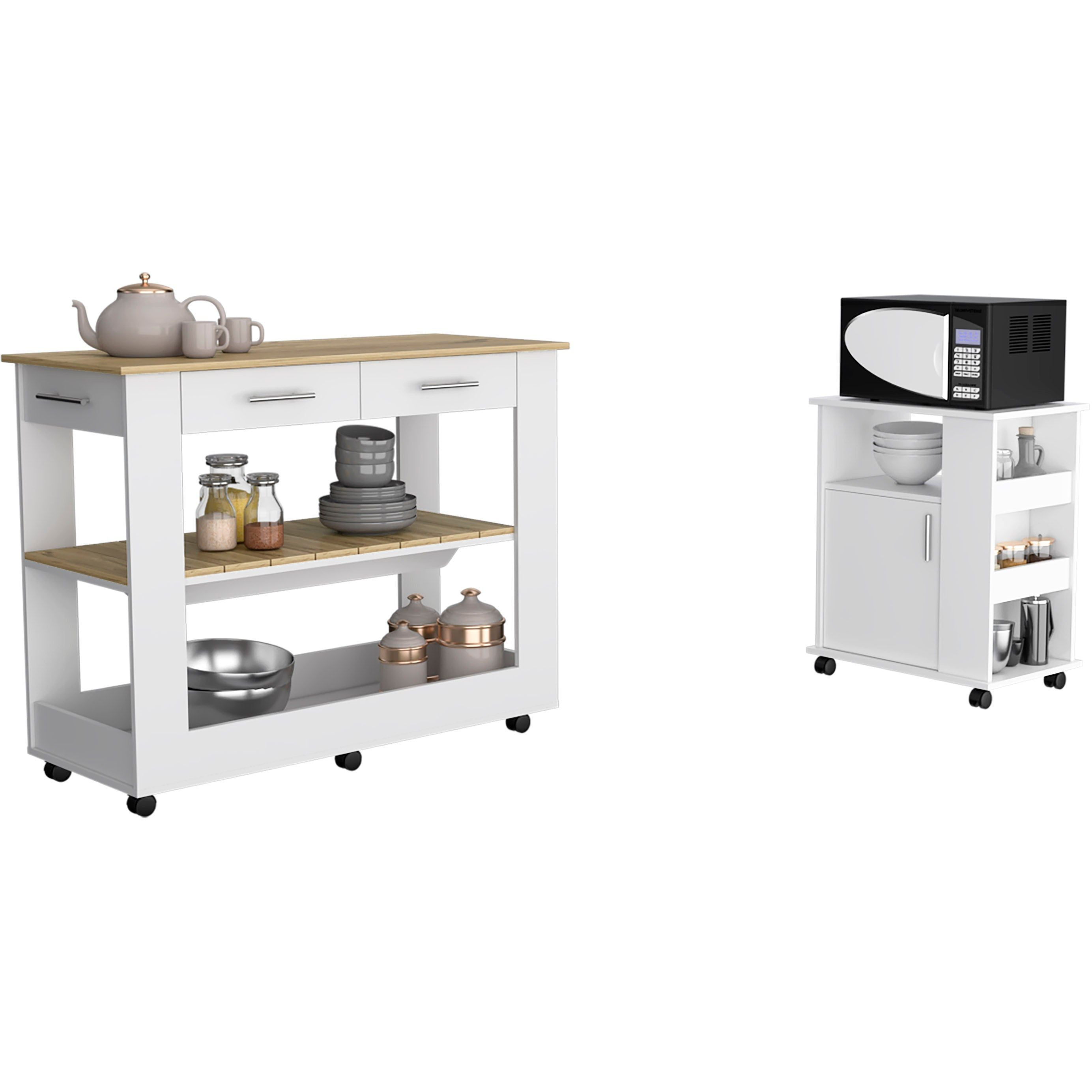 Tournament 6-Shelf 1-Door 3-Drawer 2-piece Kitchen Set, Kitchen Island and Kitchen Cart White and Light Oak