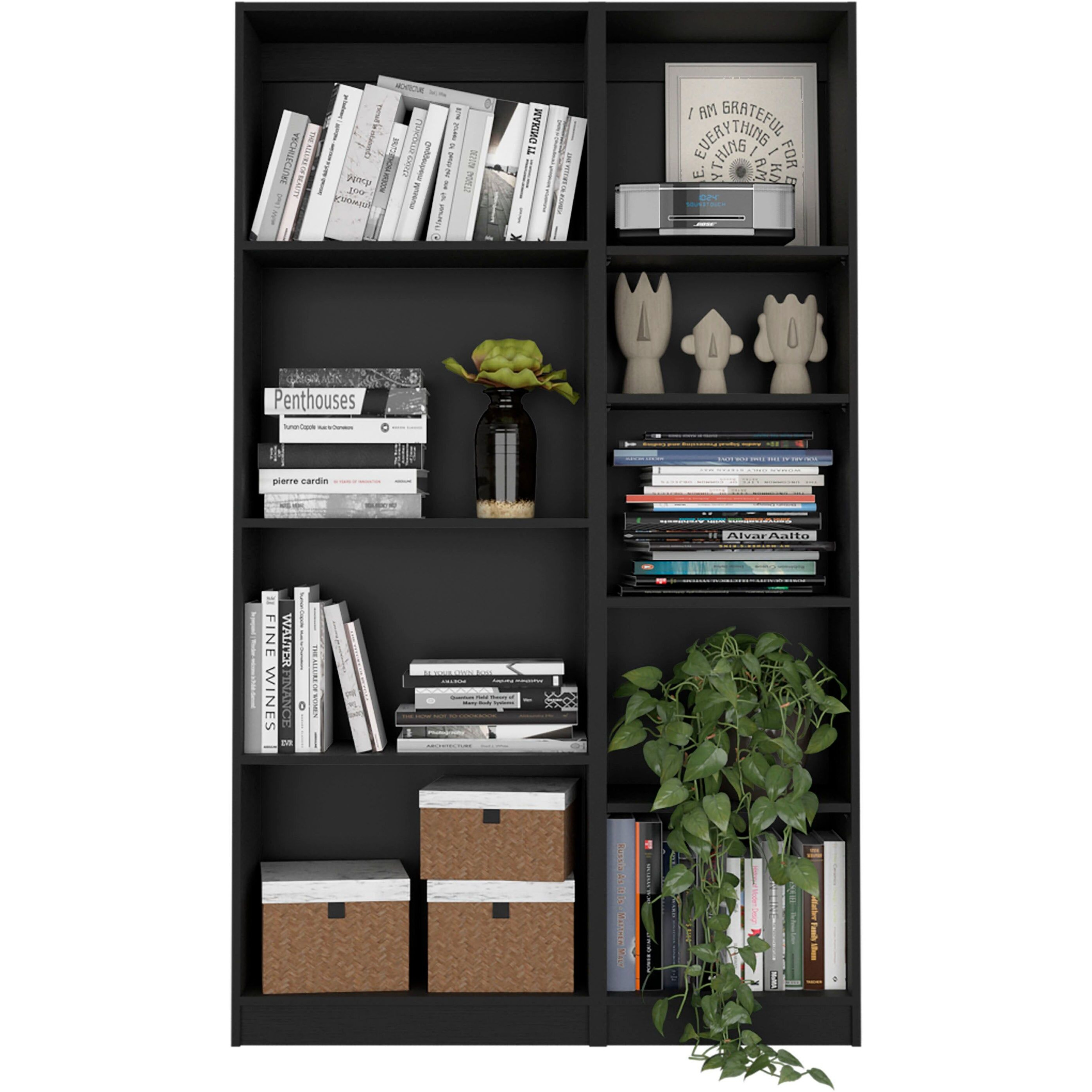 Zachary Black Slim 2 Piece Living Room Set with 2 Bookcases