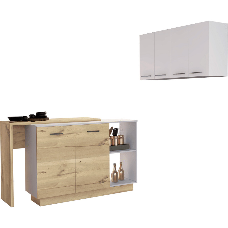 White and Light Oak 4-Shelf 6-Door 2-piece Kitchen Set, Kitchen Island and Upper Wall Cabinet