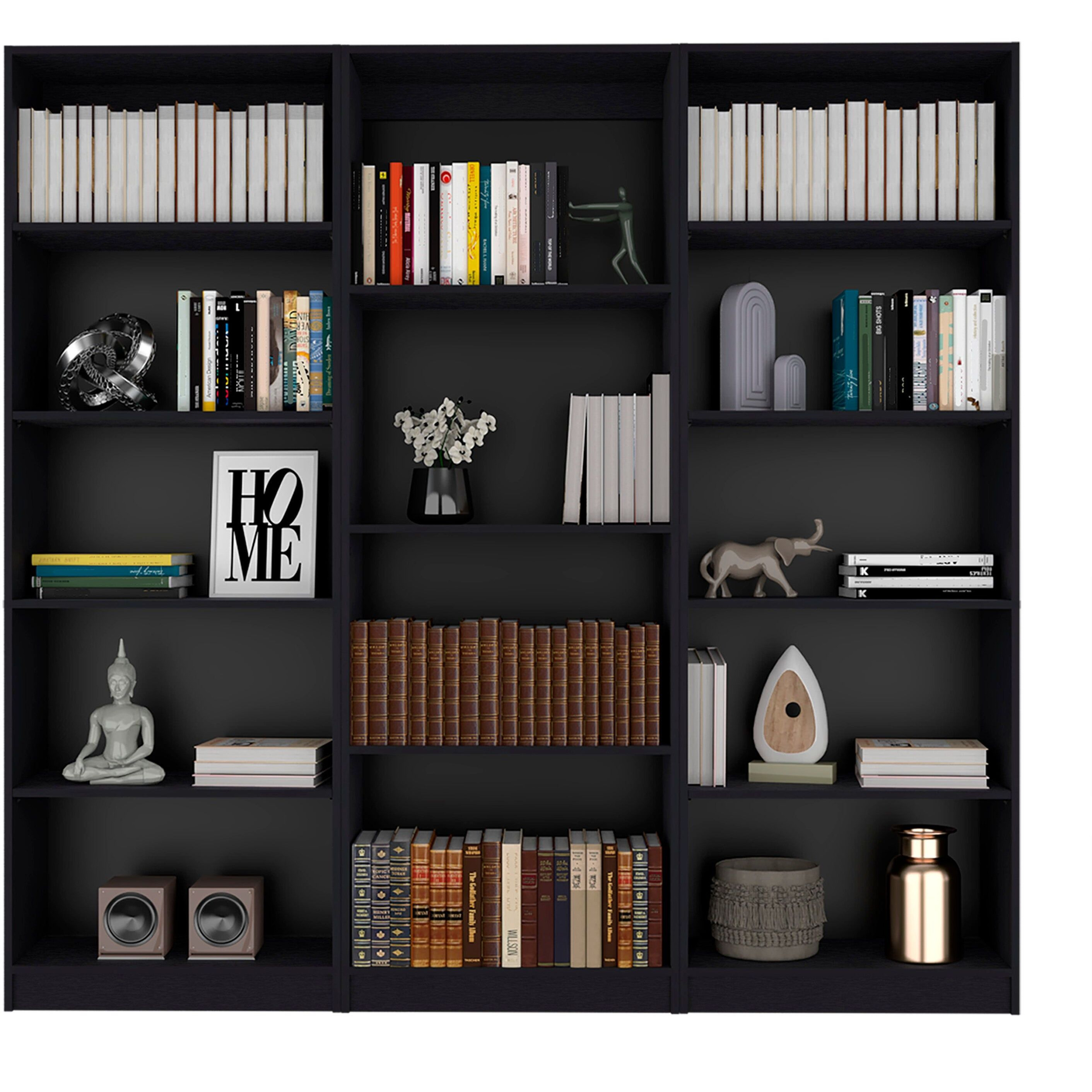 Lowell Black 3 Piece Living Room Set with 3 Bookcases