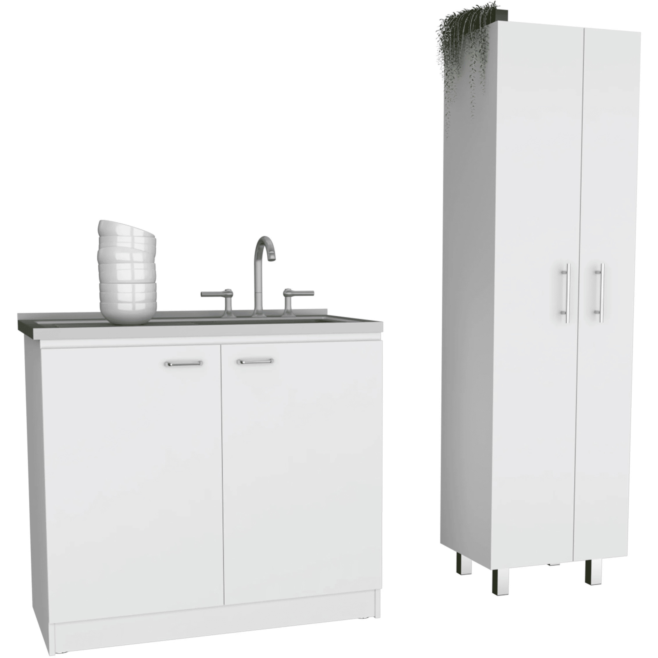 White 4-Door 2-piece Kitchen Set, Utility Sink Cabinet and Pantry Cabinet