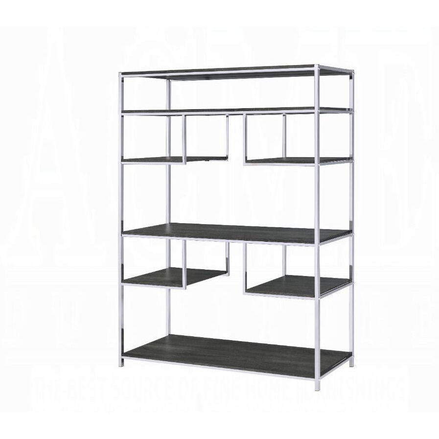 Rustic Grey Oak and Chrome 8-Shelf Bookshelf