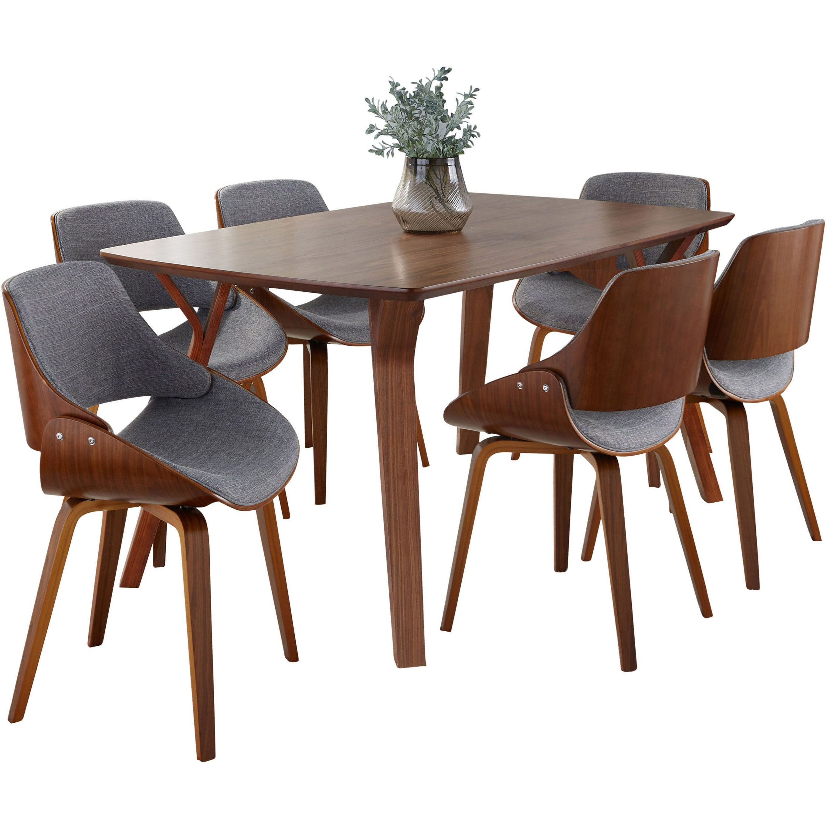 Folia Fabrizzi Mid-Century Modern Dining Set in Walnut Wood and Grey Fabric by LumiSource - 7 Piece