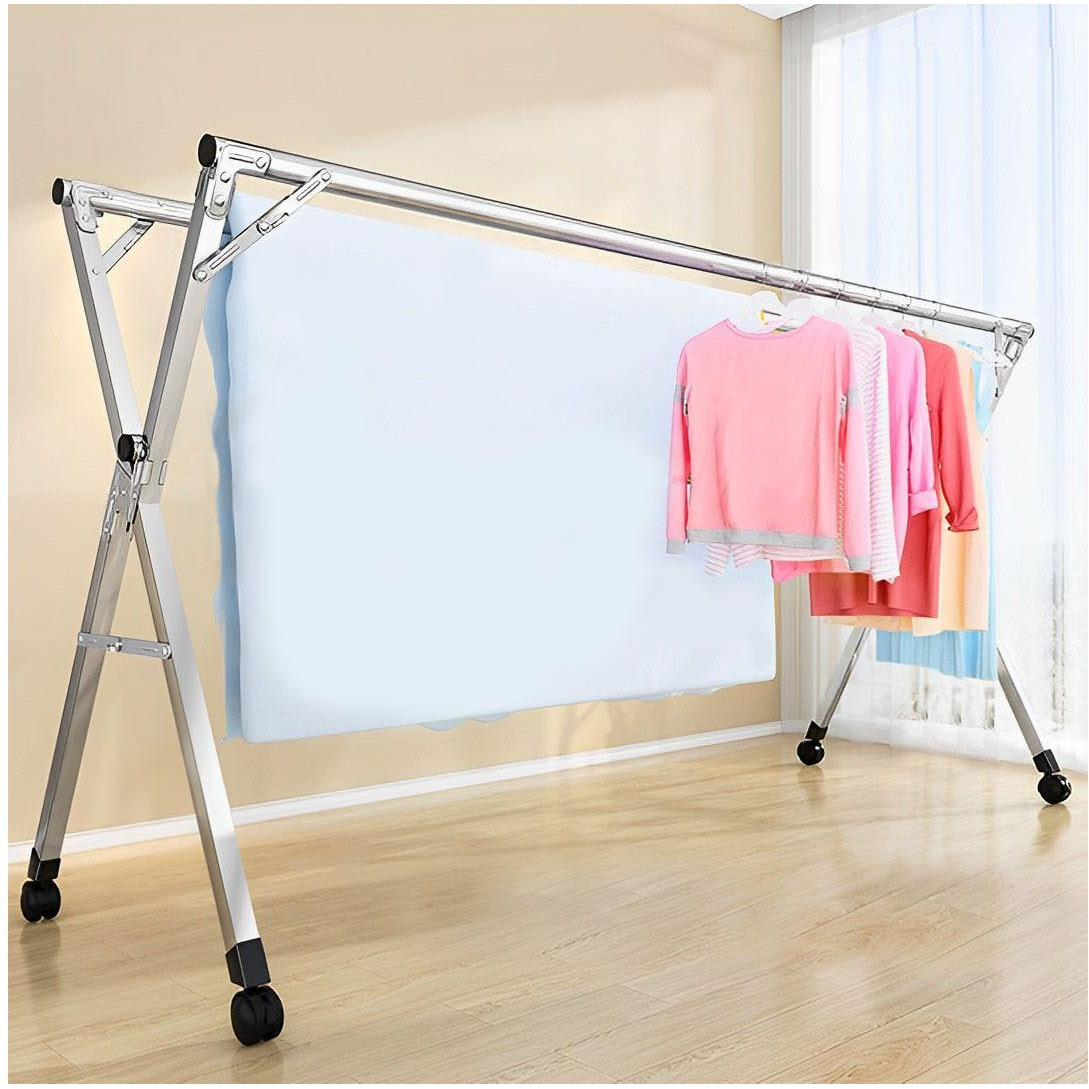SOGA 2.4m Portable Standing Clothes Drying Rack Foldable Space-Saving Laundry Holder with Wheels