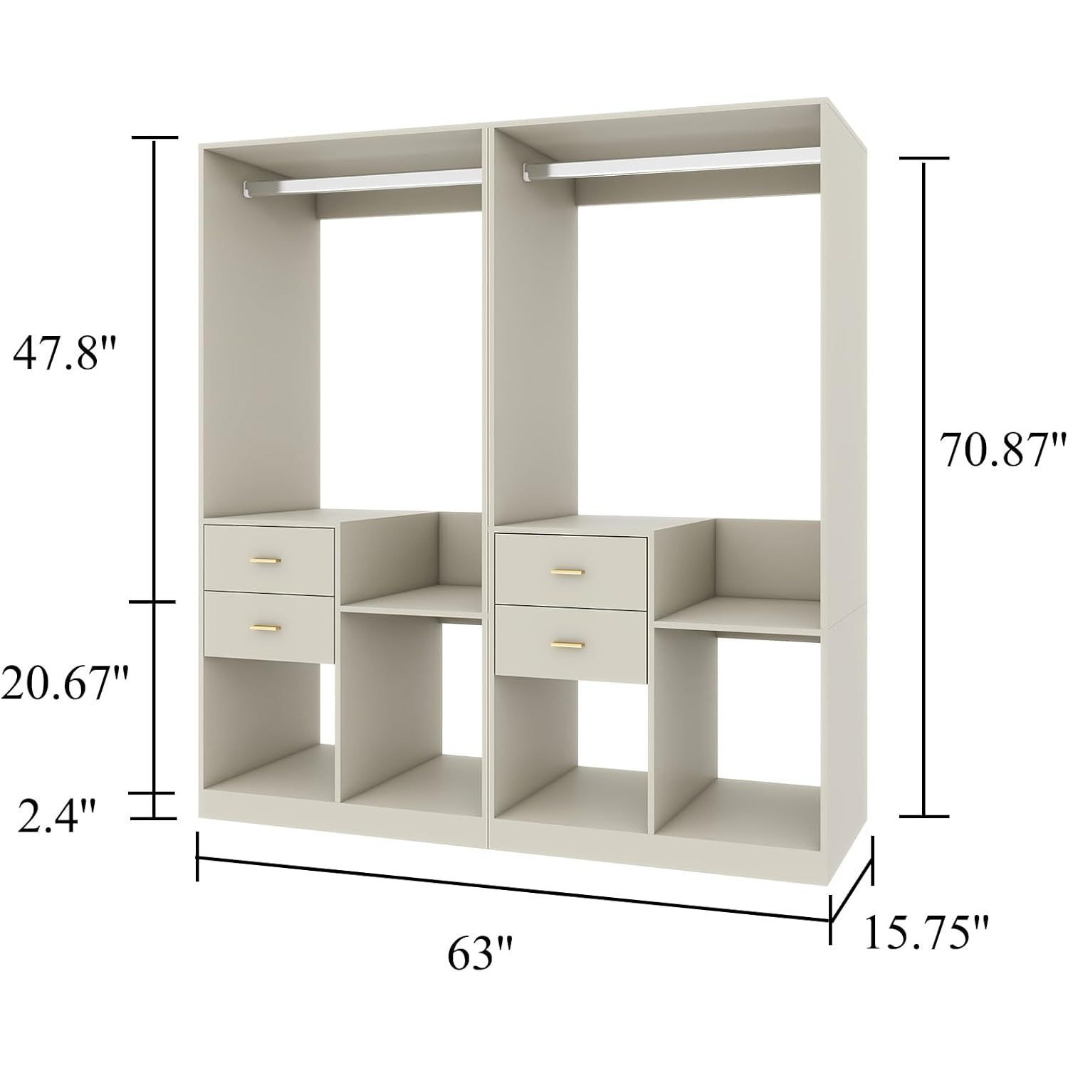 Wooden Closet System with 4 Drawers Storage Cabinet 2 Hanging Rails and Shelves Clothes Built-in Garment Rack Walk-in Closet Organizer for Bedroom White 63&quotW x 15.7&quotD x 70.8&quotH