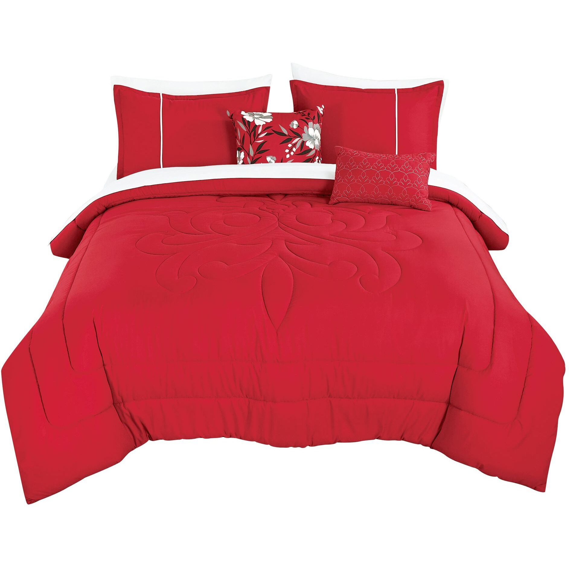 Bed in a Bag 9-Piece Qubilah Red Floral Quilted Comforter & Sheet Set