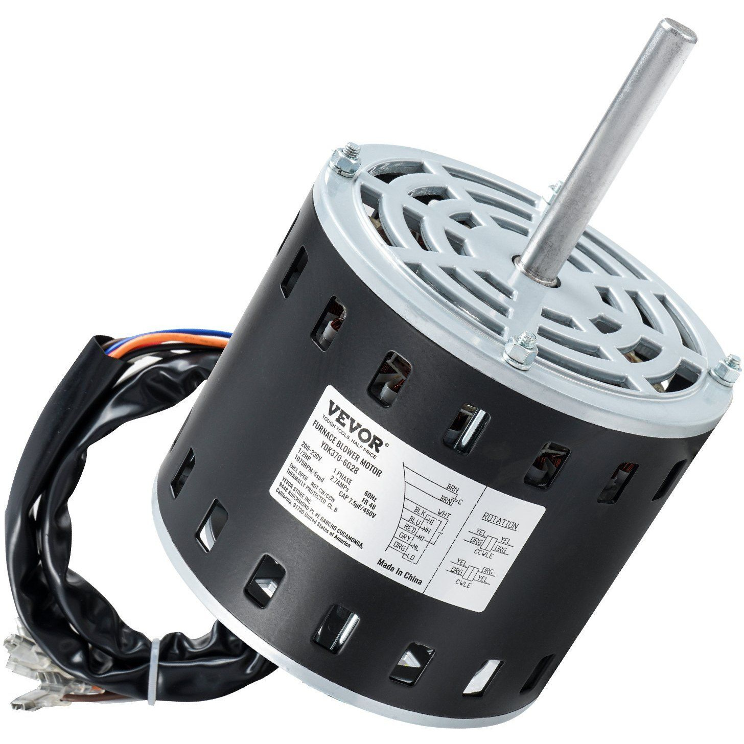 VEVOR 1/2HP Furnace Blower Motor, 208/230V 2.7Amps, 1075RPM 5 Speeds, CW/CCW Rotation, 48 Frame 3.4" Shaft Length, 7.5F/450V Capacitor + 11" Hold Hoop
