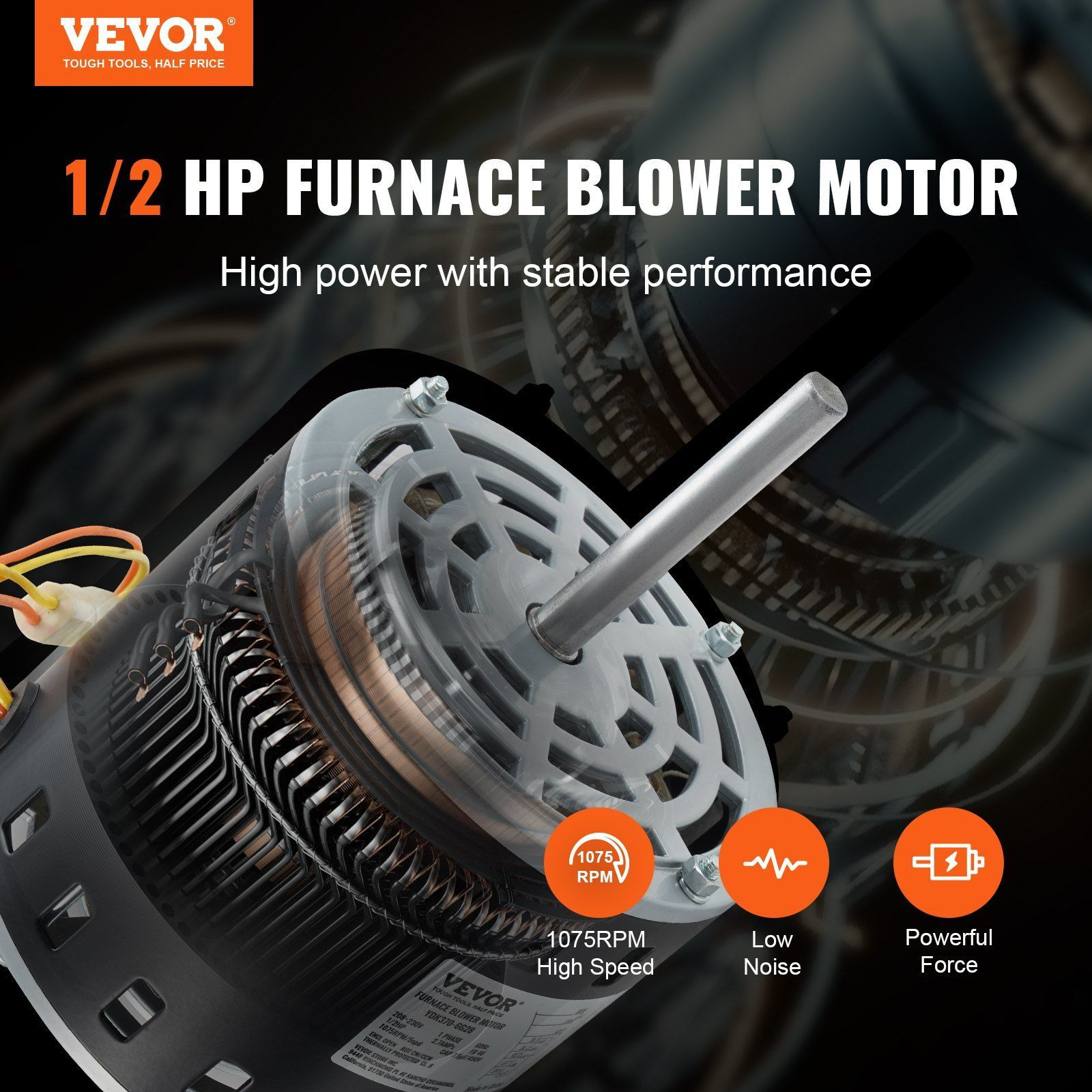 VEVOR 1/2HP Furnace Blower Motor, 208/230V 2.7Amps, 1075RPM 5 Speeds, CW/CCW Rotation, 48 Frame 3.4" Shaft Length, 7.5F/450V Capacitor + 11" Hold Hoop