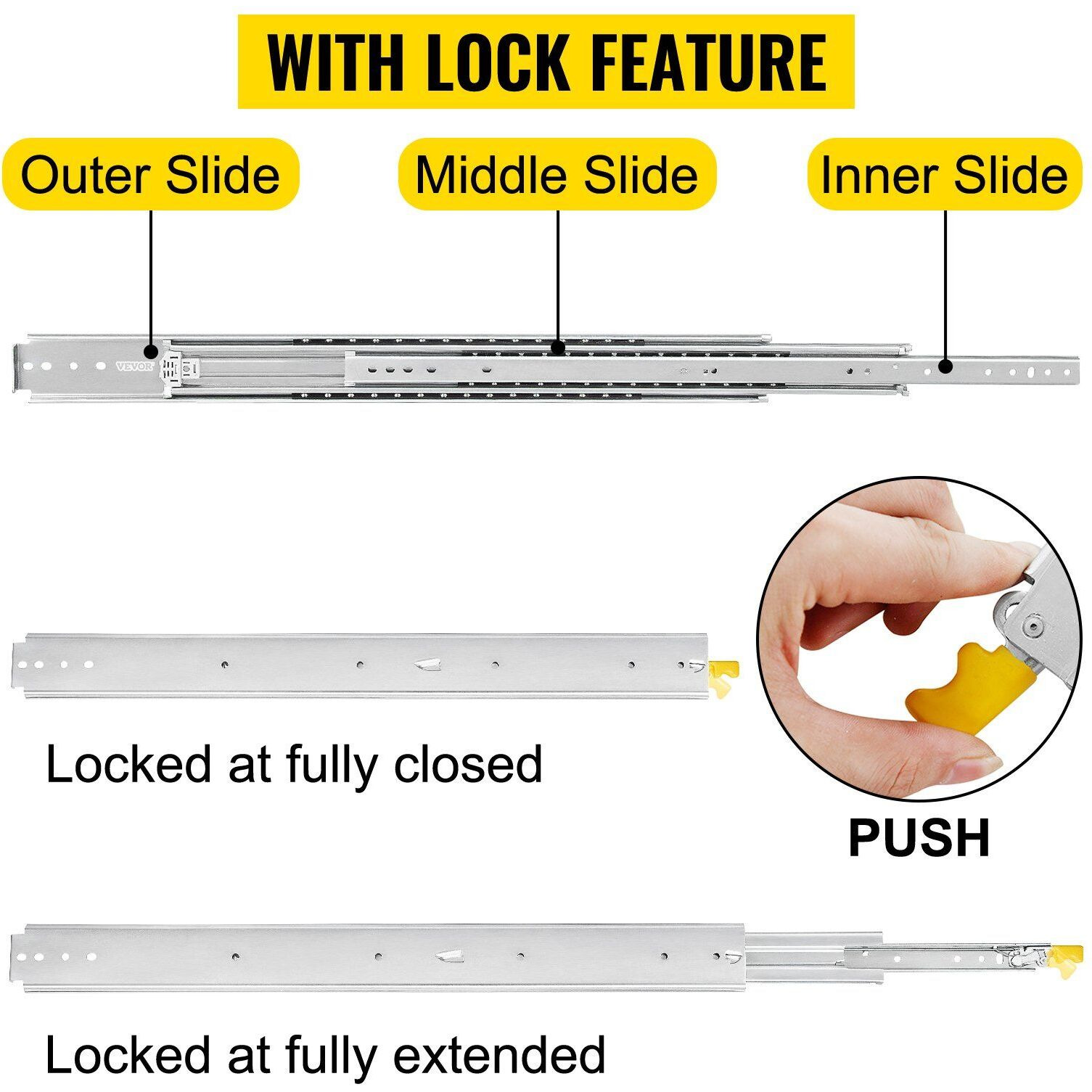 VEVOR Heavy Duty Drawer Slides 48" Length, Locking Drawer Slides 500lbs Load Capacity Long Full Extension Drawer Slide 1 Pair Side Mount Ball Bearing Drawer Glides Push to Open Drawer Runners Rail
