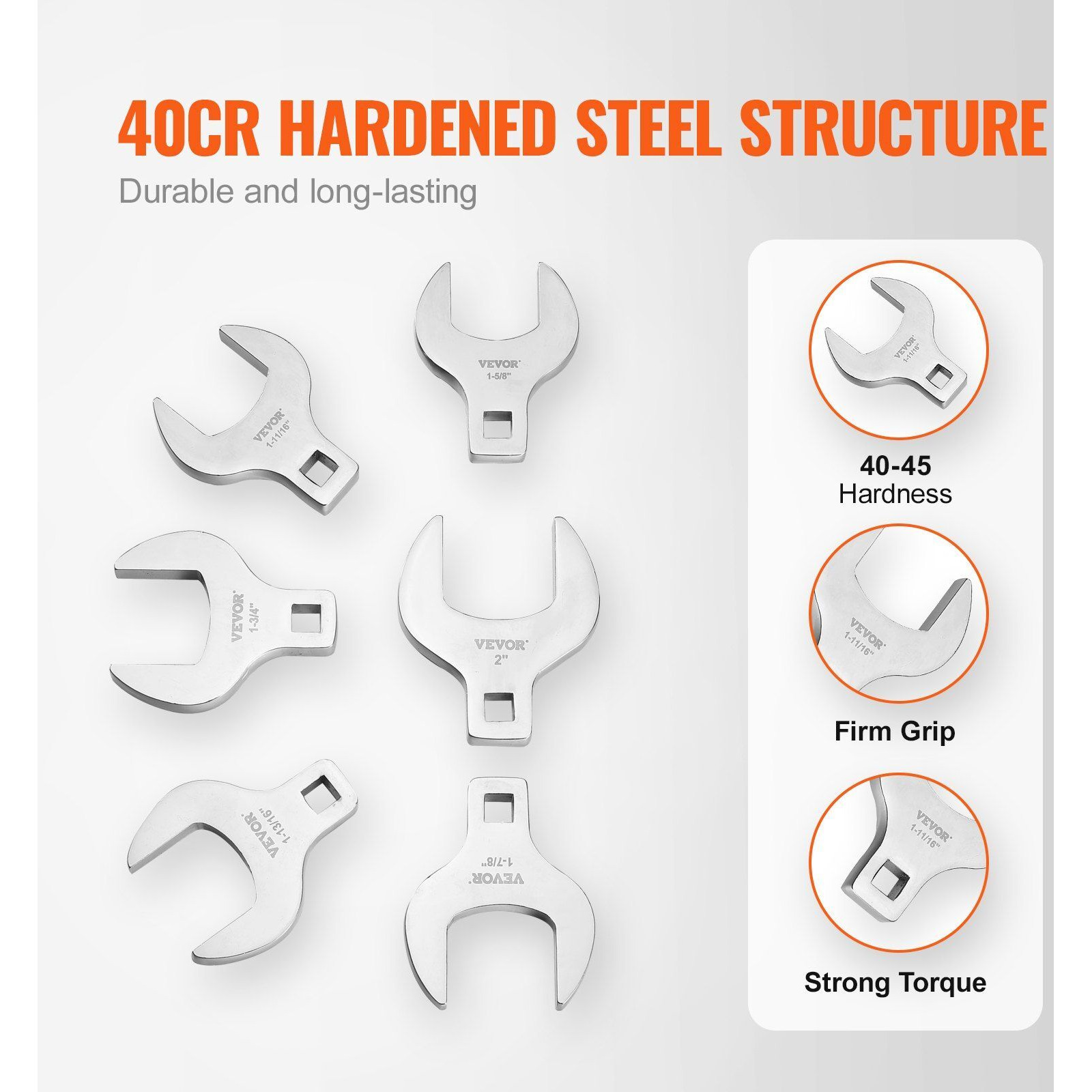 VEVOR Crowfoot Wrench Set, 1/2" Drive 14-Piece SAE (1-1/16" - 2") Crows Foot Wrench Set with Storage Tray, 40CR Material with Laser Etched Sizing, for Mechanical Maintenance or Repairs