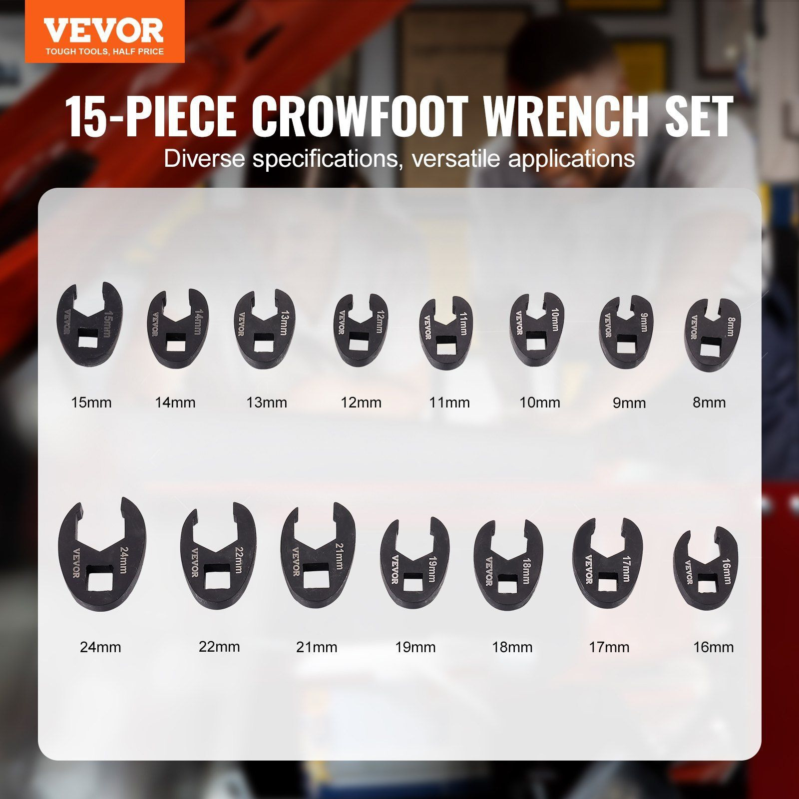 VEVOR Crowfoot Wrench Set, 1/2" and 3/8" Drive 15-Piece Crows Foot Wrench Set with PP Storage Case, Metric 8-24 mm, CRMO Steel and Manganese Phosphate Finish, for Mechanical Maintenance or Repairs