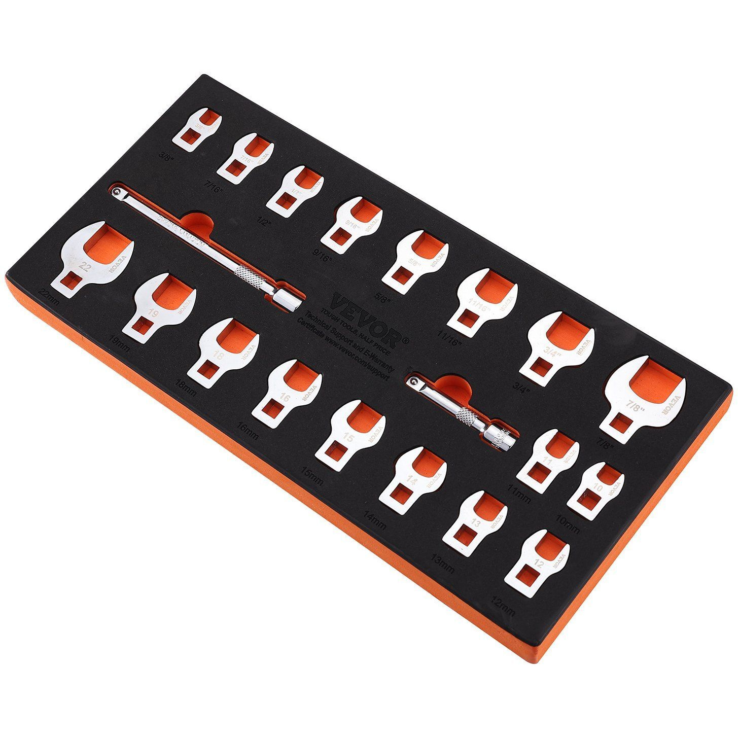 VEVOR Crowfoot Wrench Set, 3/8" Drive 20-Piece Crows Foot Wrench Set with 2 Extension Bars and EVA Tool Organizer,40CR Material with Mirror Chrome Finish, SAE 3/8"-7/8" and Metric 10-22 mm,