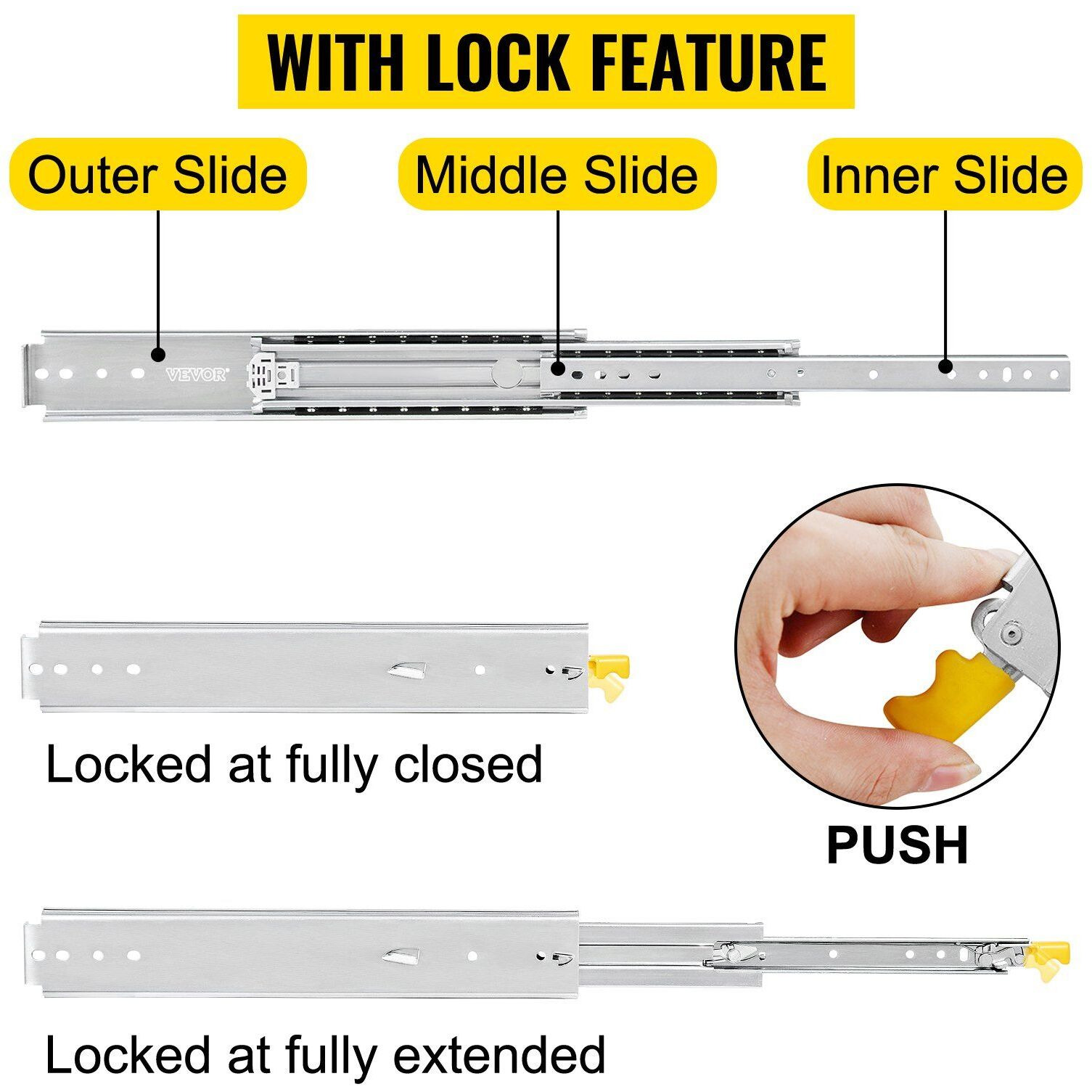 VEVOR Heavy Duty Drawer Slides 40" Length, Locking Drawer Slides 500lbs Load Capacity Long Full Extension Drawer Slide 1 Pair Side Mount Ball Bearing Drawer Glides Push to Open Drawer Runners Rail