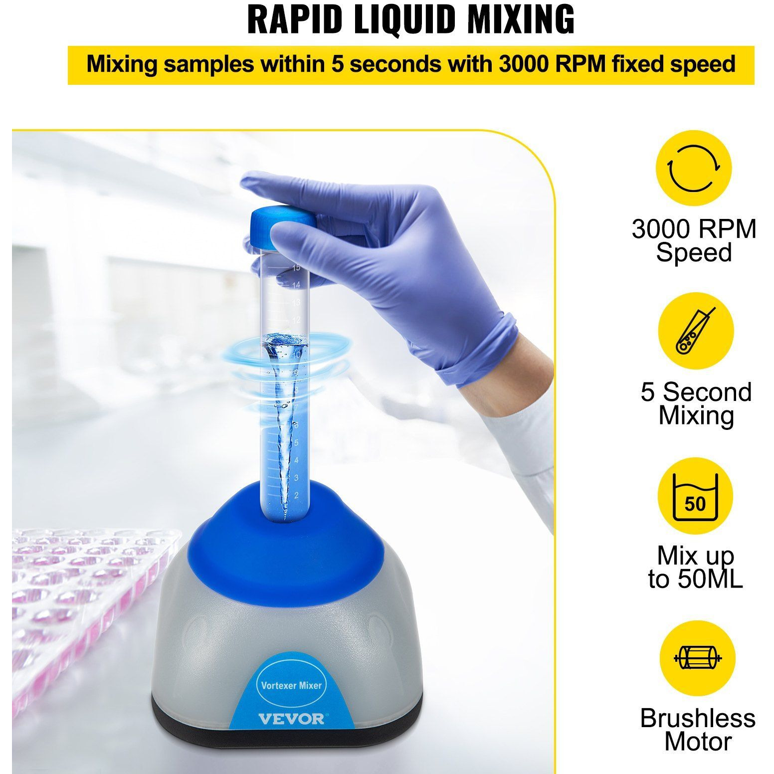 VEVOR Vortex Mixer, 3000rpm Mini Vortex Mixer Shaker, Touch Function Scientific Lab Vortex Shaker, Mix Up to 50ml, 6mm Orbital Diameter for Test Tube, Tattoo Ink, Nail Polish, Eyelash Adhesives, Paint