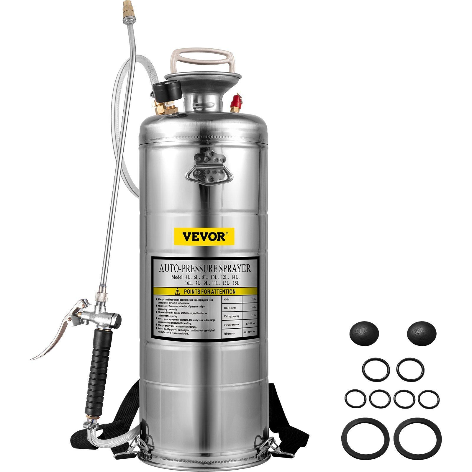 VEVOR 3.5Gal Stainless Steel Sprayer,l Set with 20" Wand& Handle& 3FT Reinforced Hose, Hand Pump Sprayer with Pressure Gauge&Safety Valve, Adjustable Nozzle Suitable for Gardening& Sanitizing