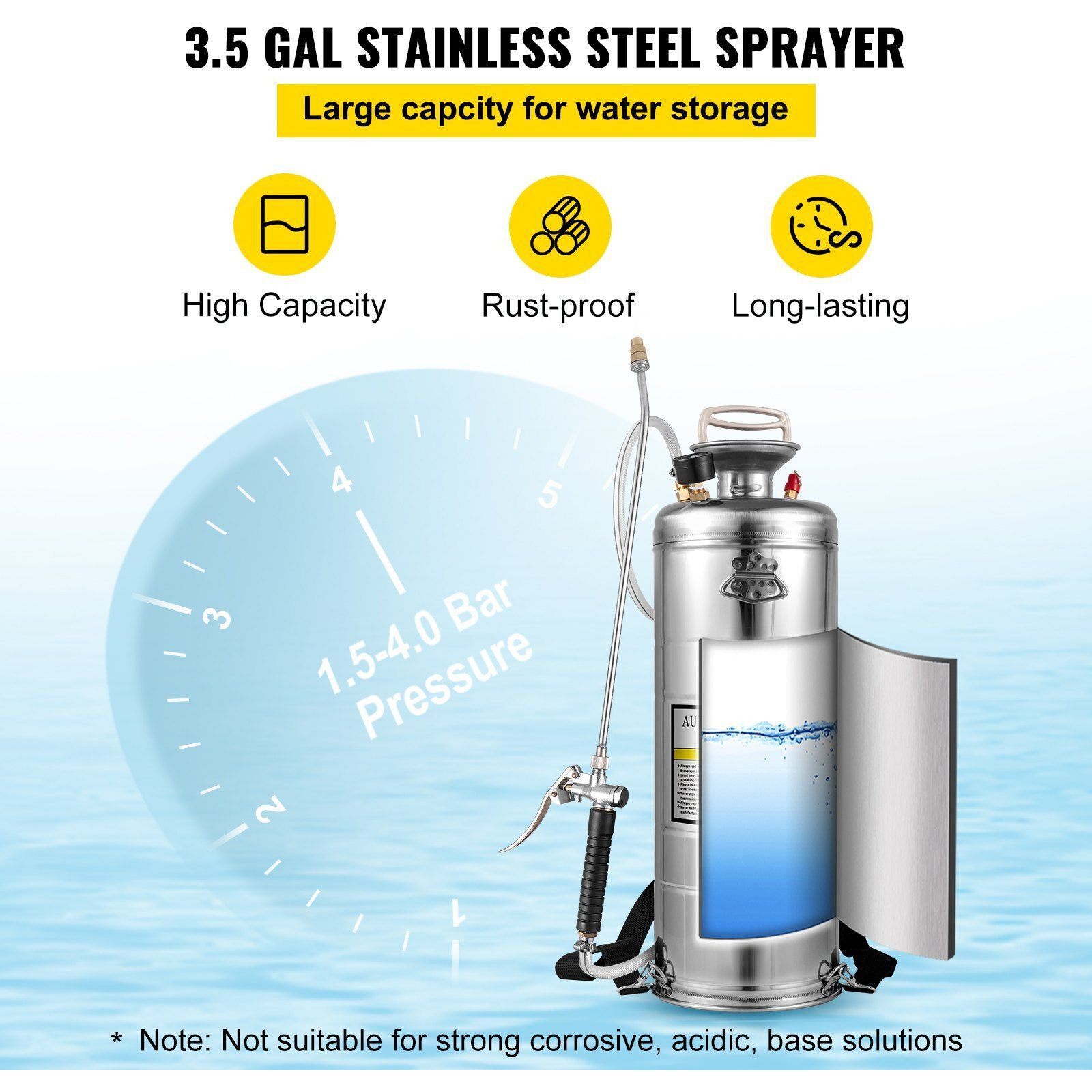 VEVOR 3.5Gal Stainless Steel Sprayer,l Set with 20" Wand& Handle& 3FT Reinforced Hose, Hand Pump Sprayer with Pressure Gauge&Safety Valve, Adjustable Nozzle Suitable for Gardening& Sanitizing