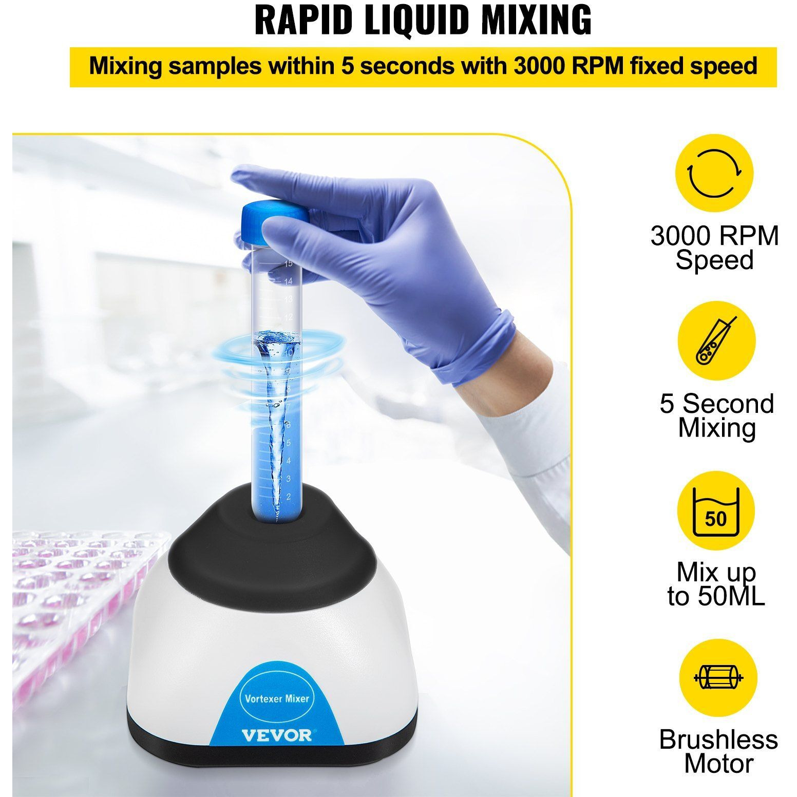 VEVOR Vortex Mixer, 3000RPM Mini Vortex Mixer Shaker, Touch Function Scientific Lab Vortex Shaker, Mix Up to 50ML, 6mm Orbital Diameter for Test Tube, Tattoo Ink, Nail Polish, Eyelash Adhesives, Paint