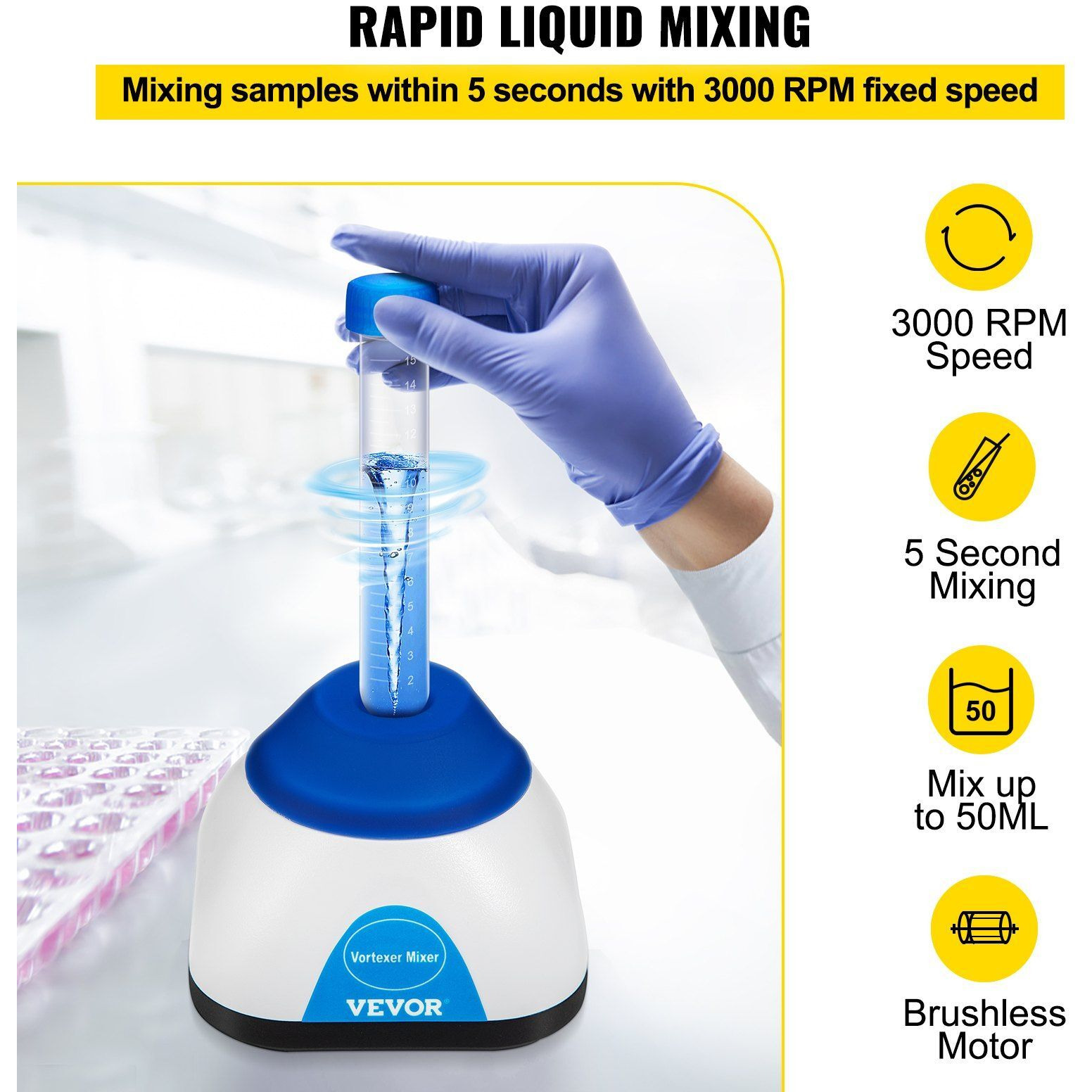 VEVOR Vortex Mixer, 3000RPM Mini Vortex Mixer Shaker, Touch Function Scientific Lab Vortex Shaker, Mix Up to 50ML, 6mm Orbital Diameter for Test Tube, Tattoo Ink, Nail Polish, Eyelash Adhesives, Paint