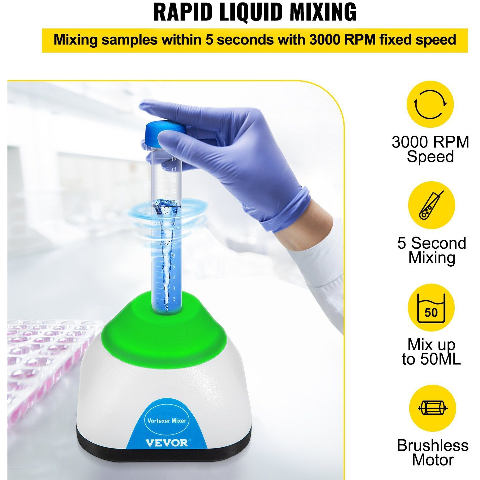 VEVOR Vortex Mixer, 3000RPM Mini Vortex Mixer Shaker, Touch Function Scientific Lab Vortex Shaker, Mix Up to 50ML, 6mm Orbital Diameter for Test Tube, Tattoo Ink, Nail Polish, Eyelash Adhesives, Paint