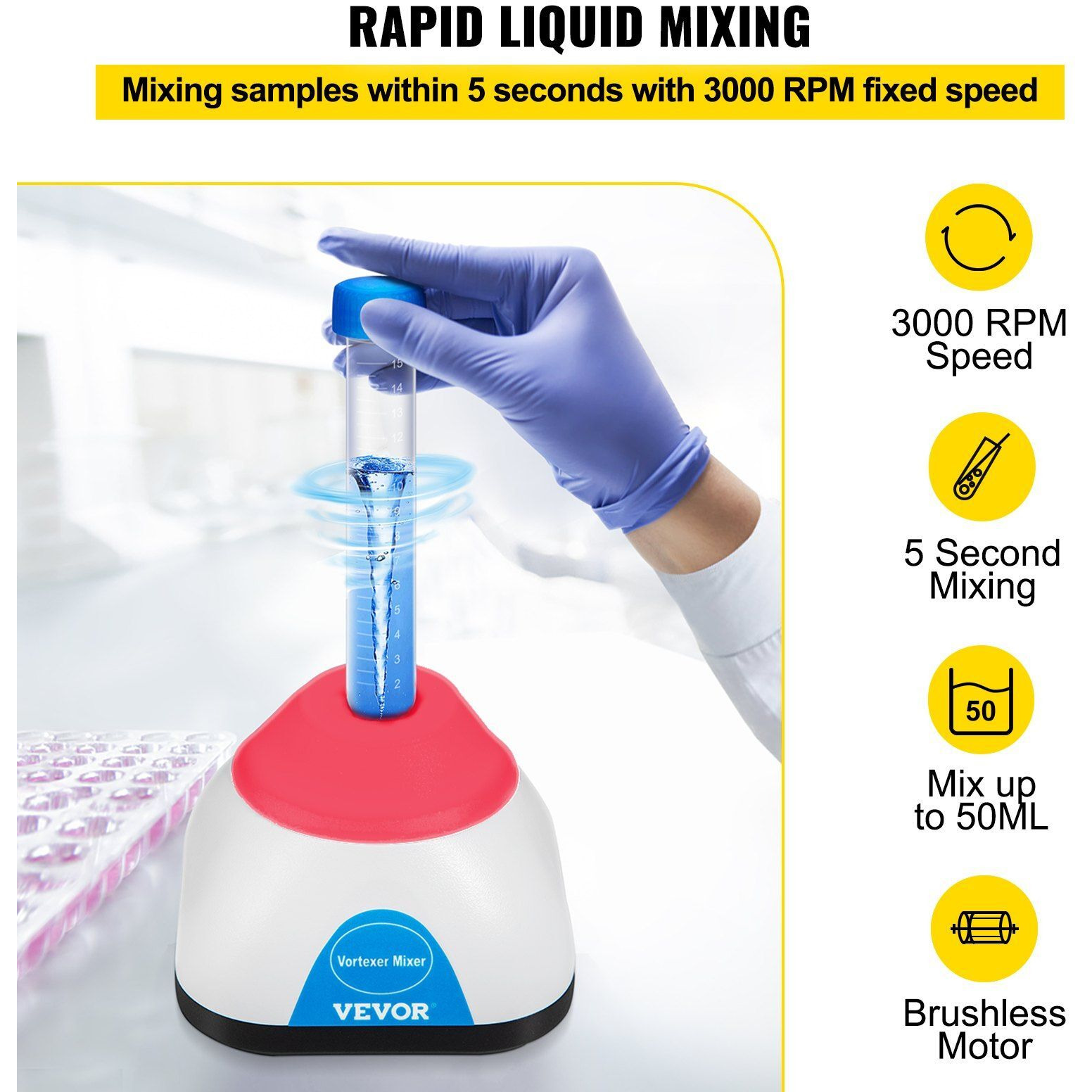 VEVOR Vortex Mixer, 3000RPM Mini Vortex Mixer Shaker, Touch Function Scientific Lab Vortex Shaker, Mix Up to 50ML, 6mm Orbital Diameter for Test Tube, Tattoo Ink, Nail Polish, Eyelash Adhesives, Paint