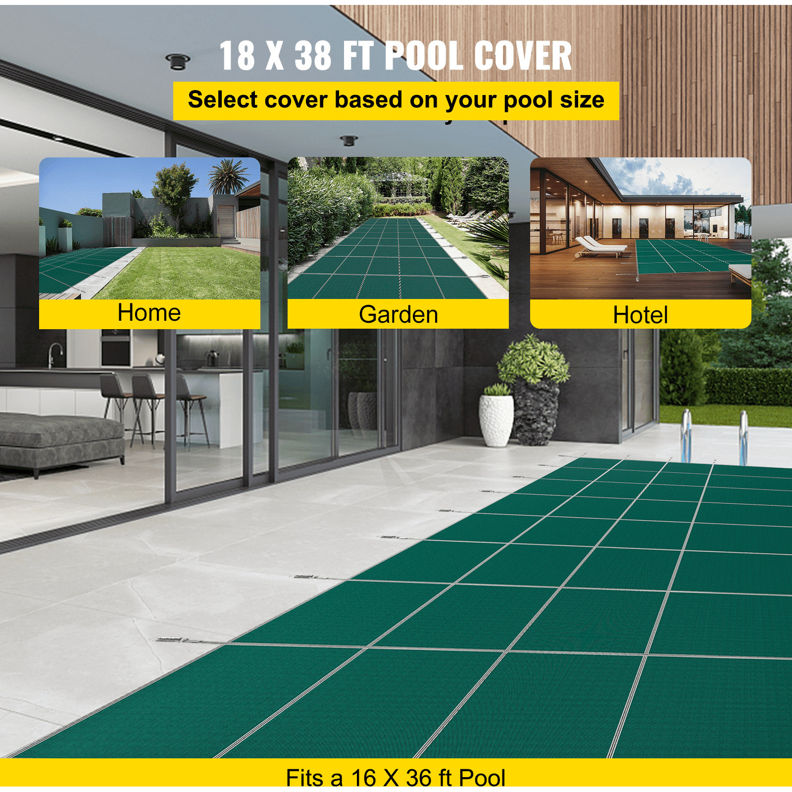 VEVOR Pool Safety Cover, Inground Pool Cover Fit for PP Material, Rectangle Inground Safety Pool Cover Green, Mesh Solid Pool Safety Cover for Swimming Pool Winter Safety Cover (16x36 ft)
