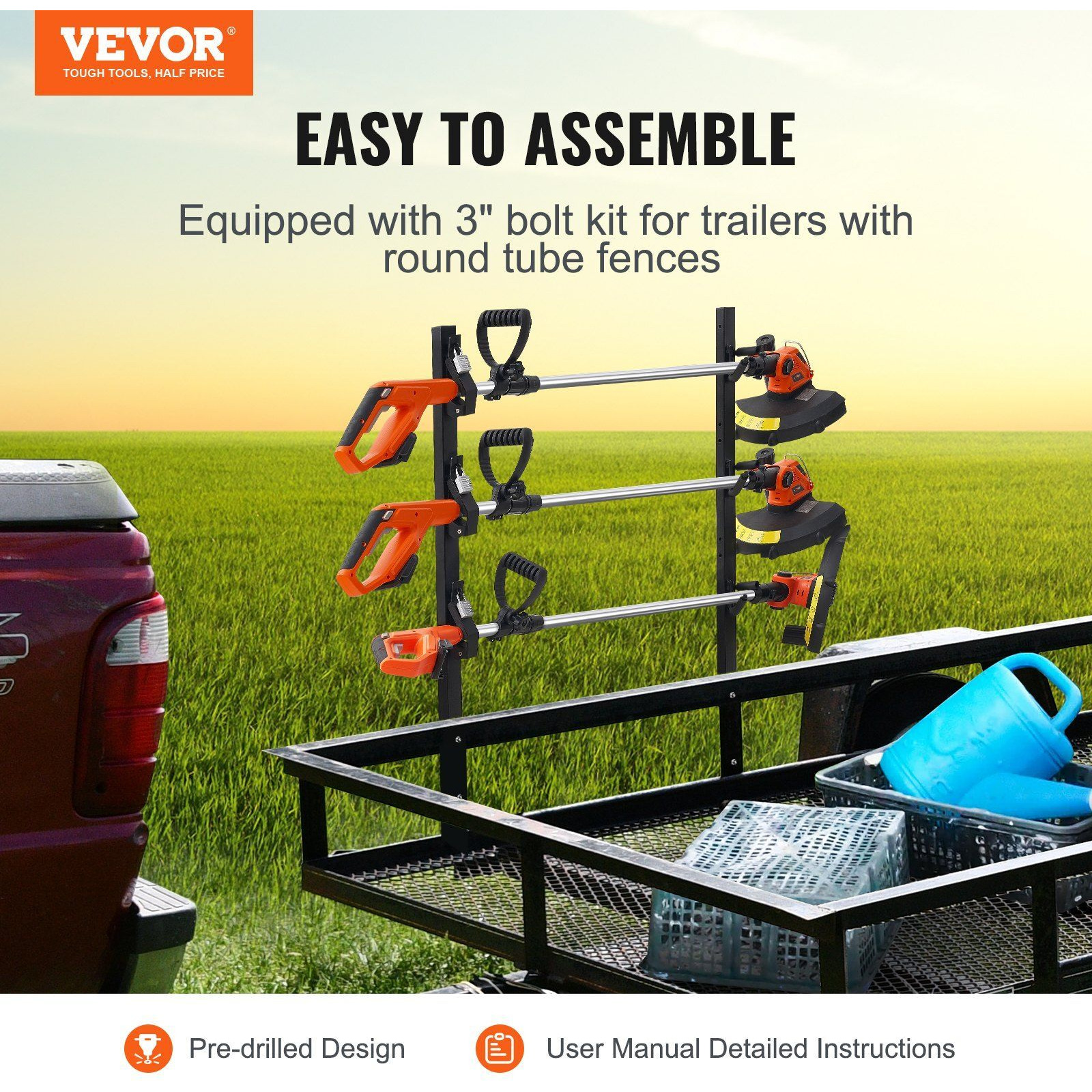 VEVOR Trimmer Rack, 3 Place Weeder Trimmer Rack, Locking Trim Holder Landscape Trailer Rack Carrier Mount on Open Pickup/Trailer Enclosed Trailers, Pair