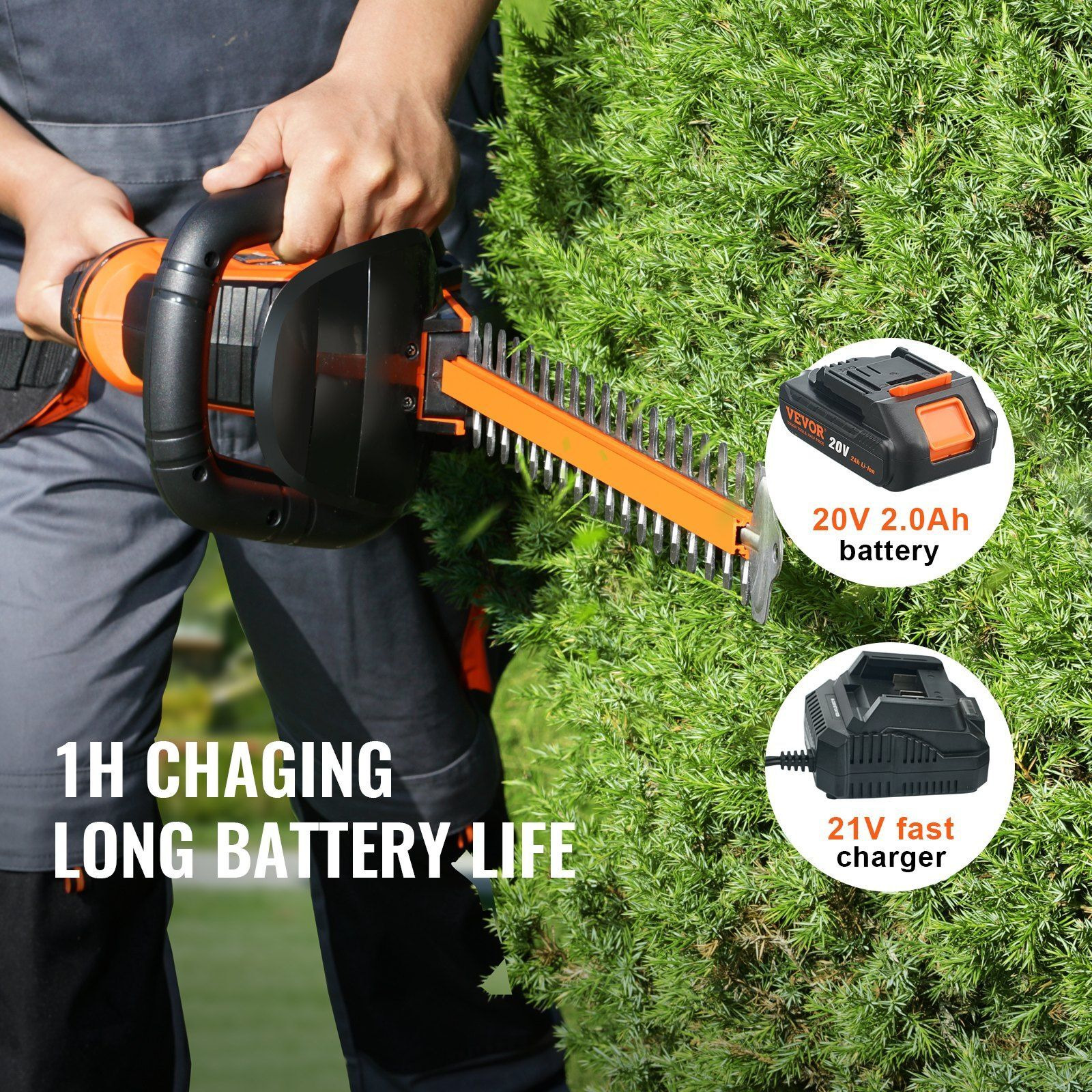 VEVOR 20V Cordless Hedge Trimmer, 18 inch Double-edged Steel Blade, Hedge Trimmer Kit 20V Battery, Fast Charger, and Blade Cover Included, 180 Rotating Head