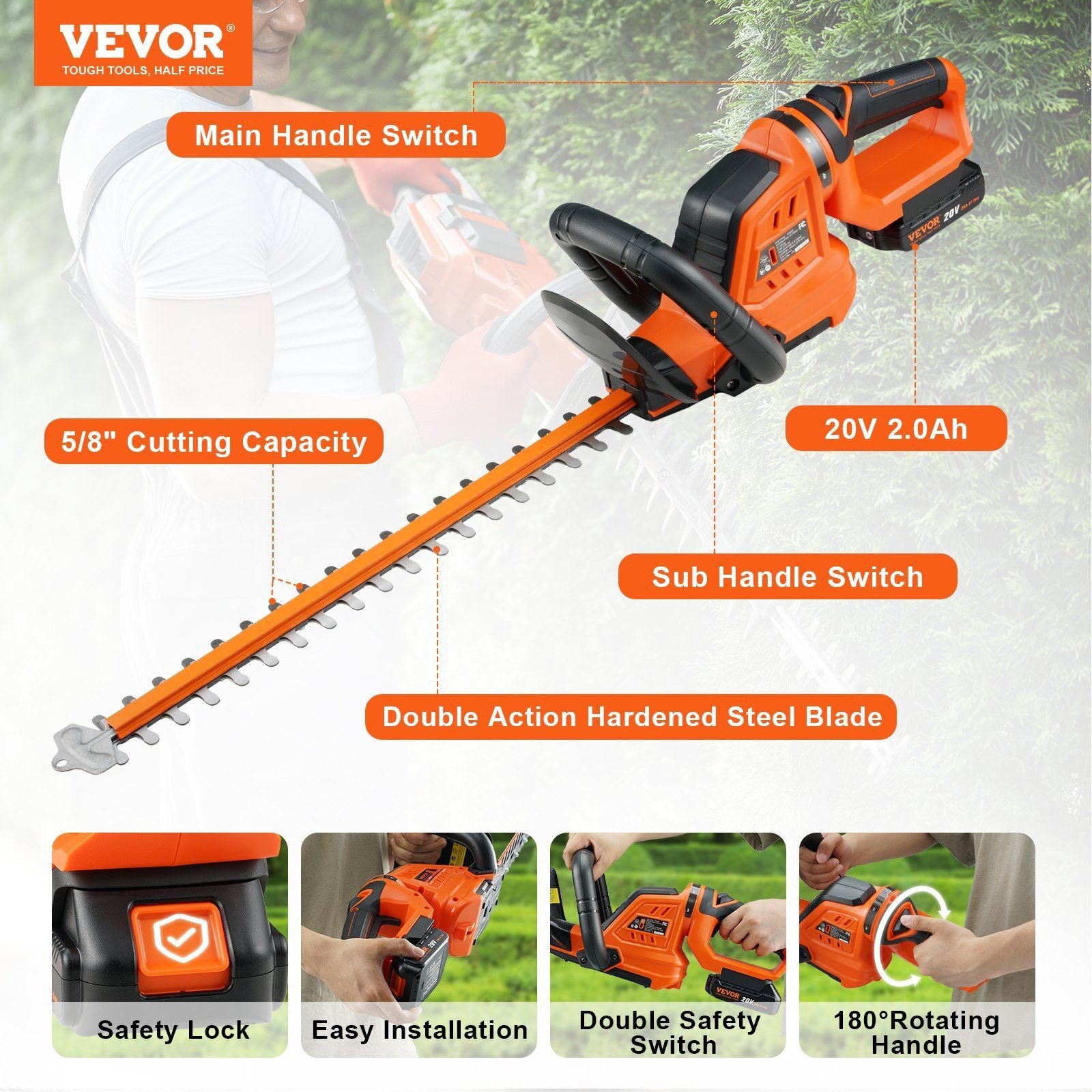 VEVOR 20V Cordless Hedge Trimmer, 18 inch Double-edged Steel Blade, Hedge Trimmer Kit 20V Battery, Fast Charger, and Blade Cover Included, 180 Rotating Head